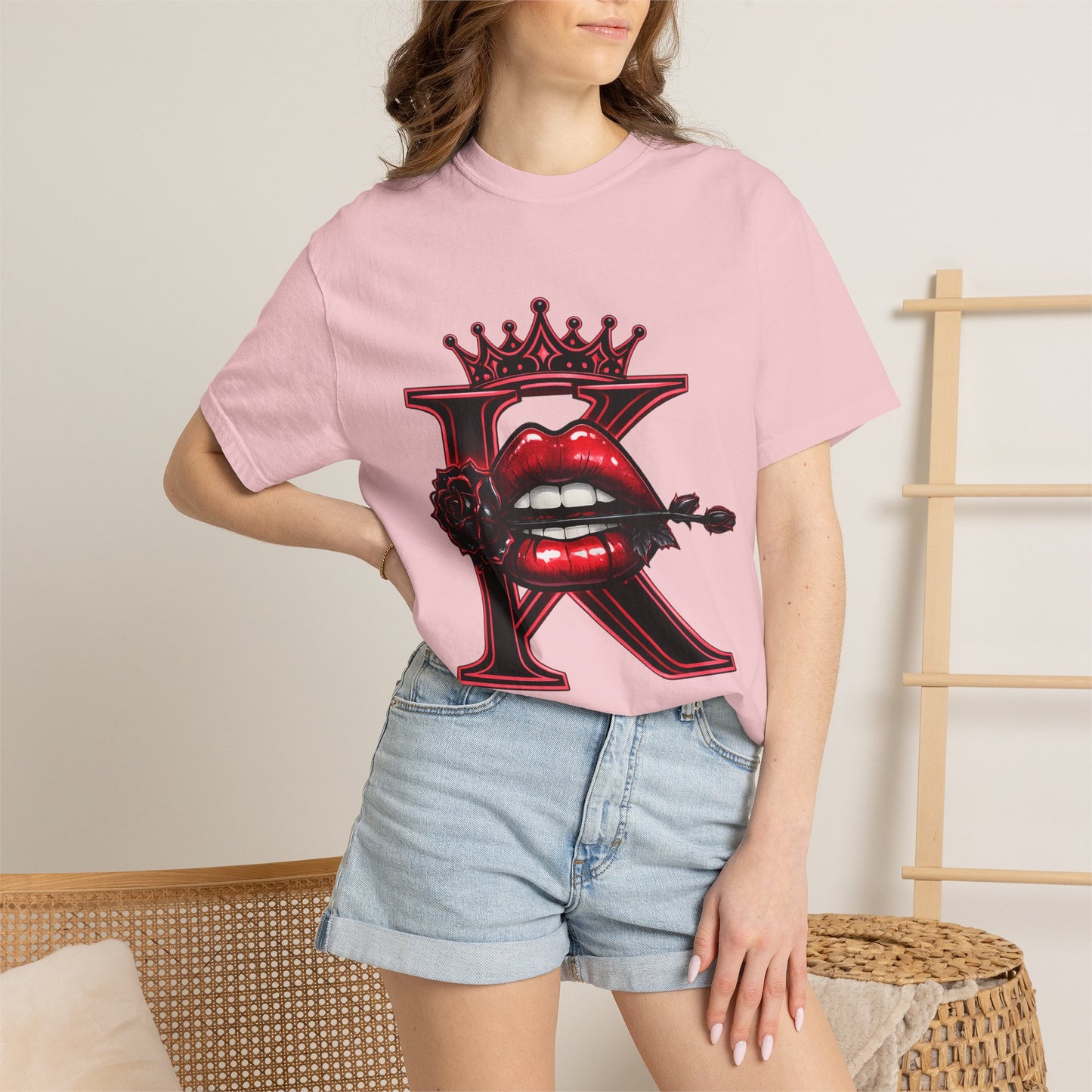 KHUSHI Black Rose Graphic T-Shirt — Red Crown & Lip Logo