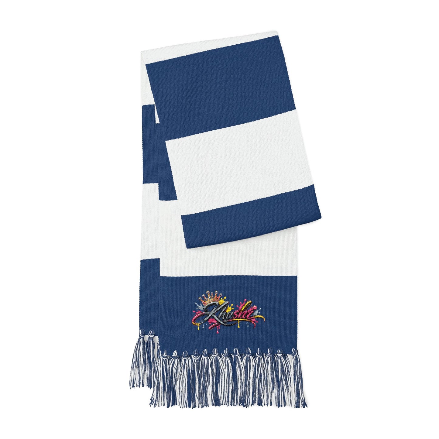 Embroidered Striped Spectator Scarf — Team Colors Fan Scarf with Colorful Crest