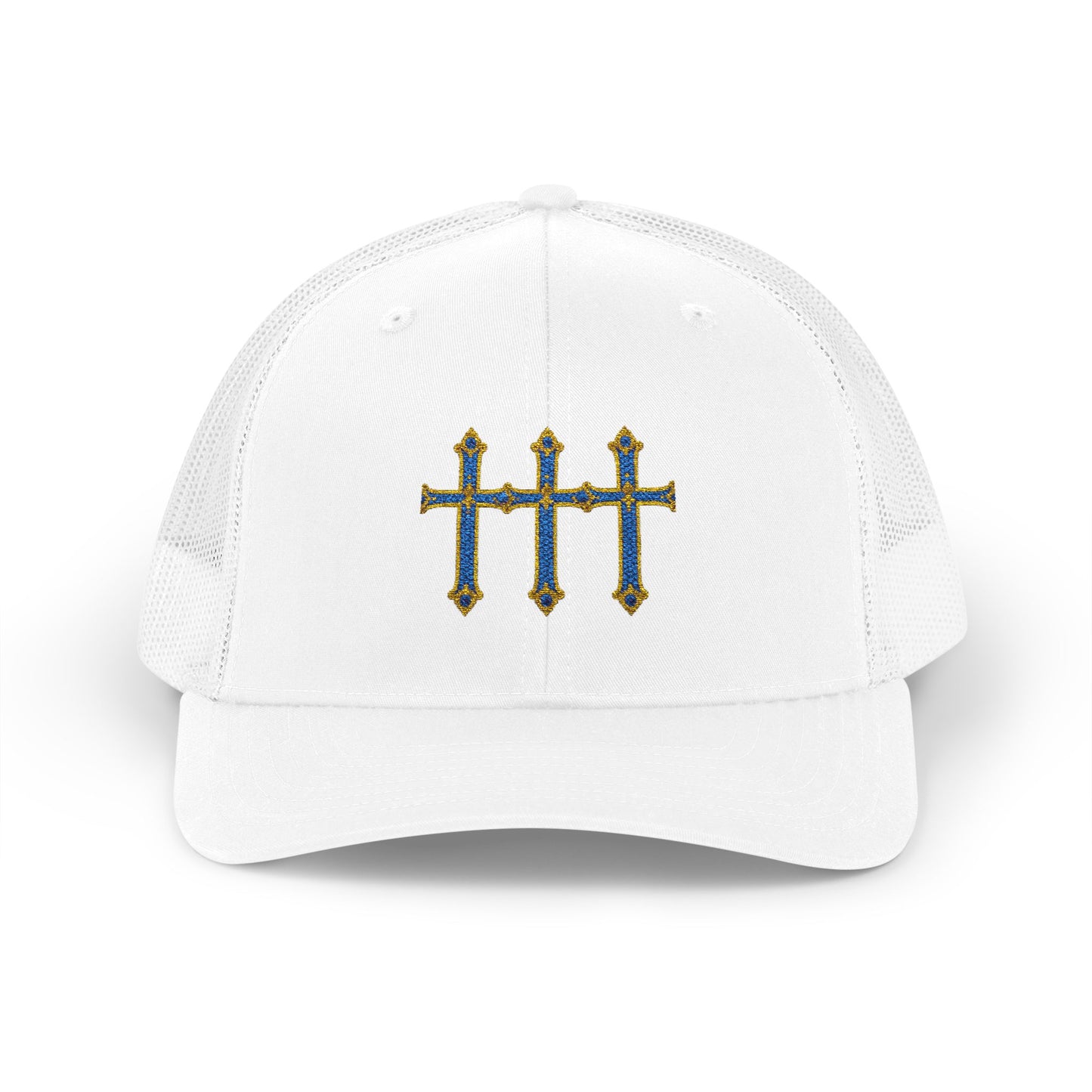 Embroidered Triple Cross Snapback Trucker Cap — Floral Gold & Blue Design