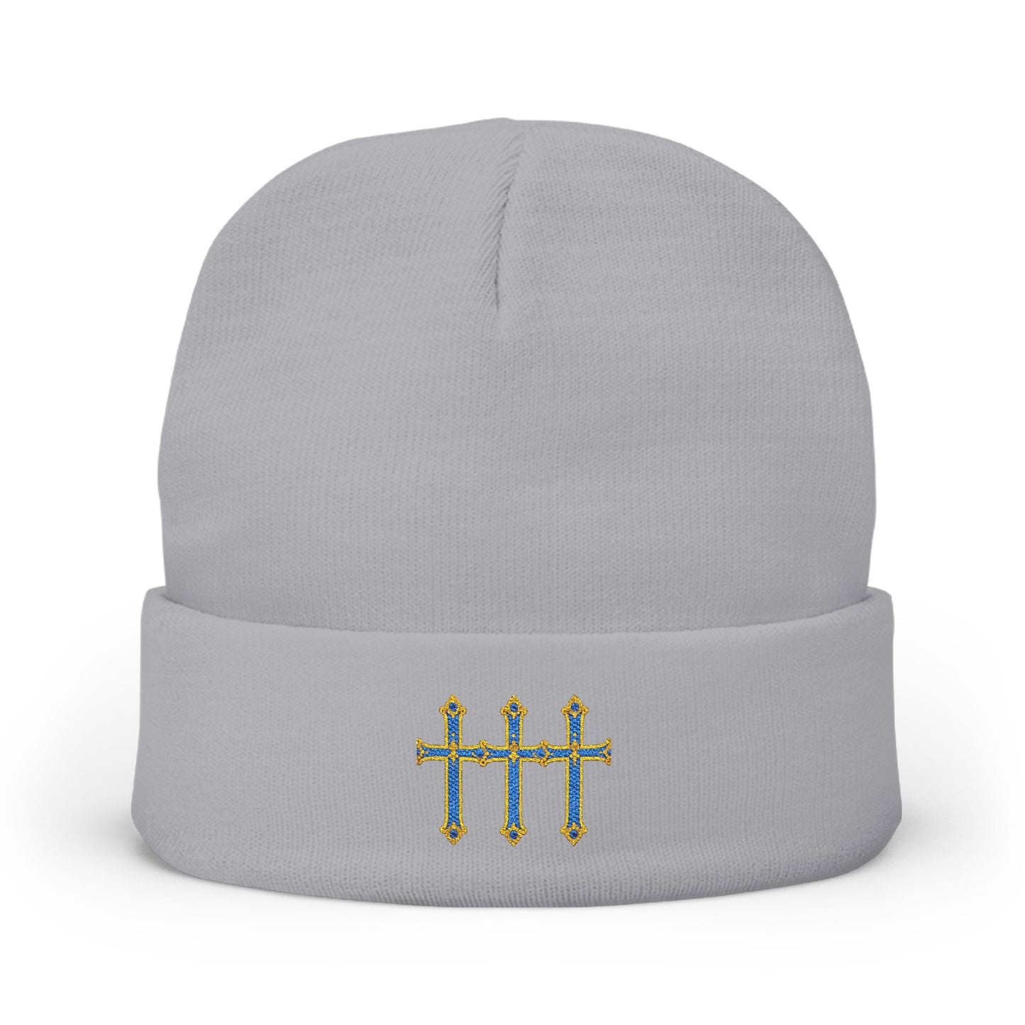 Embroidered Tally Mark Beanie — Knit Winter Hat with Gold & Blue Stitching