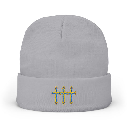 Embroidered Tally Mark Beanie — Knit Winter Hat with Gold & Blue Stitching