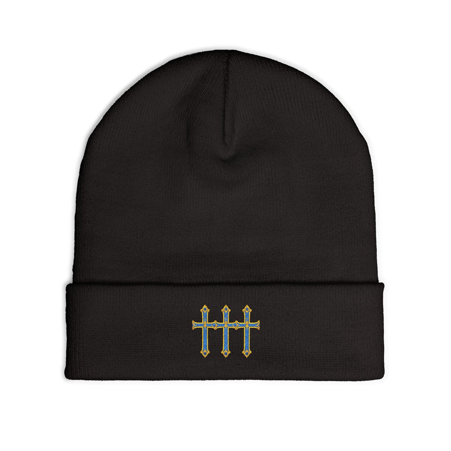 Embroidered Tally Mark Beanie — Knit Winter Hat with Gold & Blue Stitching