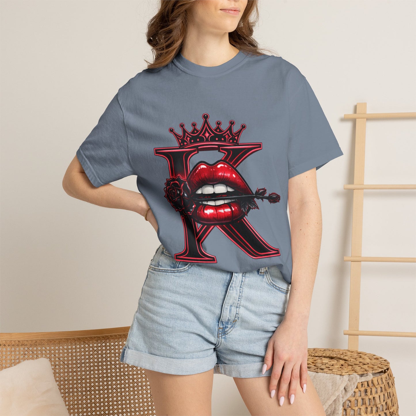 KHUSHI Black Rose Graphic T-Shirt — Red Crown & Lip Logo