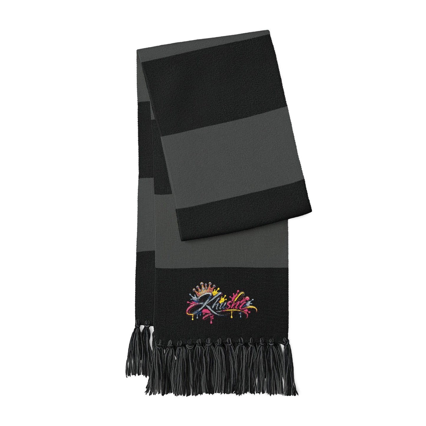 Embroidered Striped Spectator Scarf — Team Colors Fan Scarf with Colorful Crest