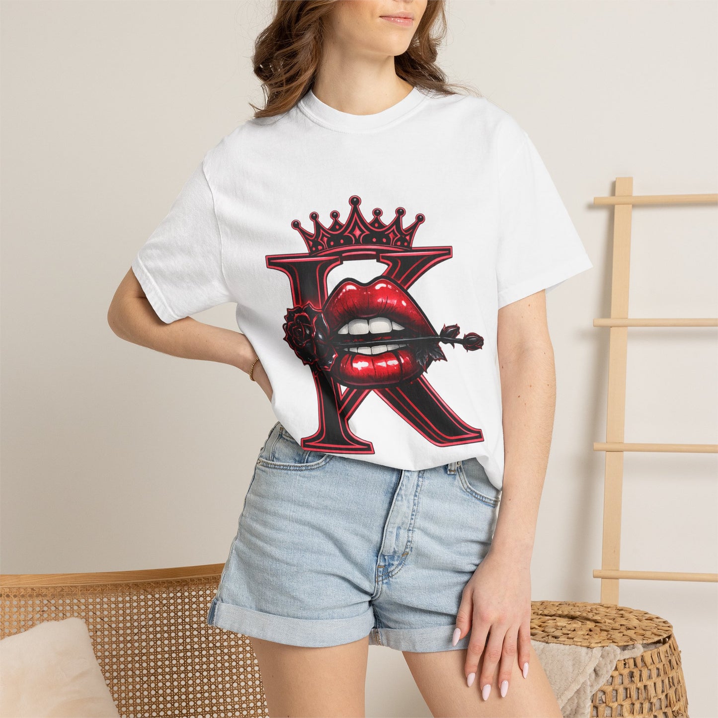 KHUSHI Black Rose Graphic T-Shirt — Red Crown & Lip Logo