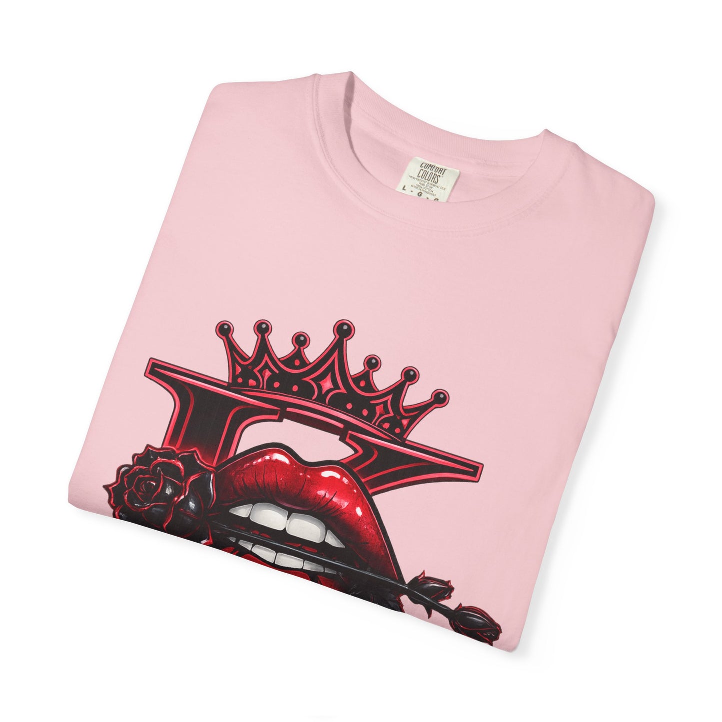 KHUSHI Black Rose Graphic T-Shirt — Red Crown & Lip Logo