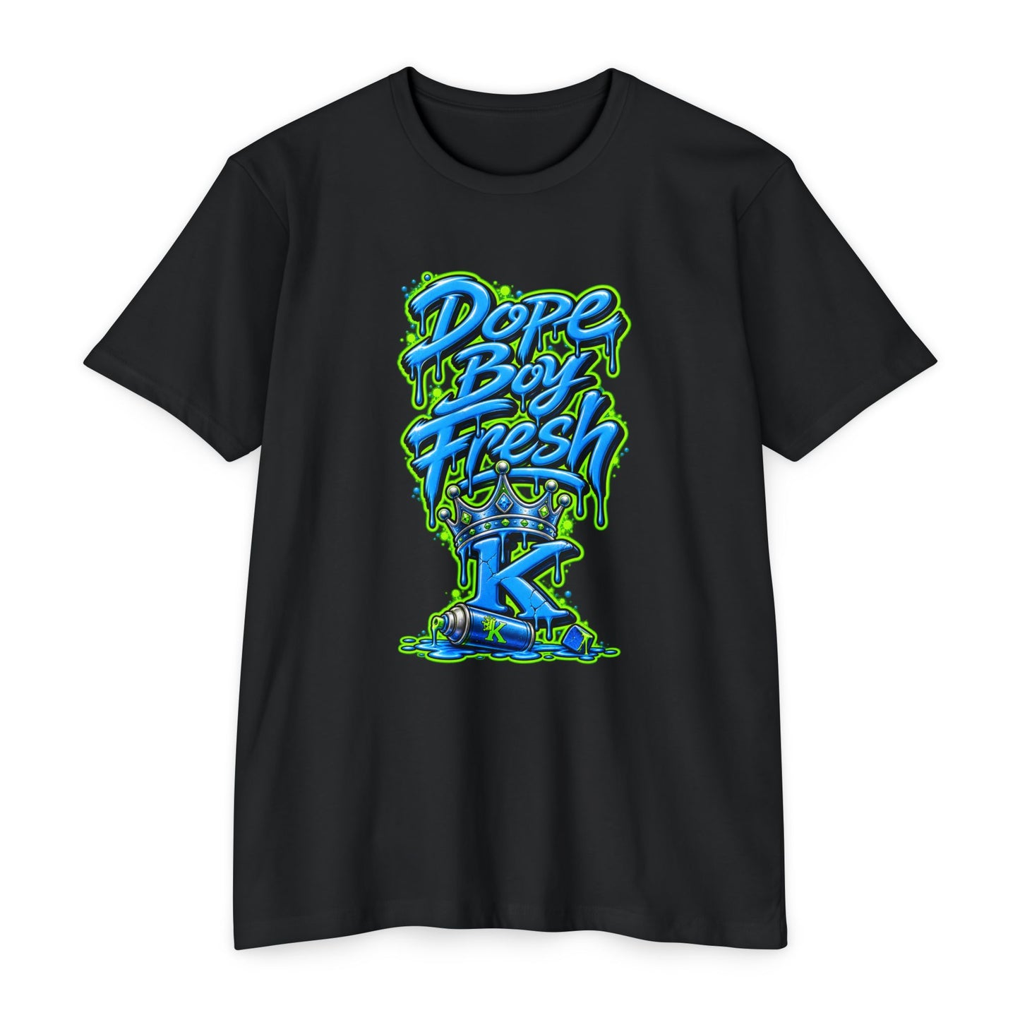KHUSHI Dope Boy Fresh Graffiti T-Shirt — Urban Streetwear Tee with Blue & Neon Green Drip Design