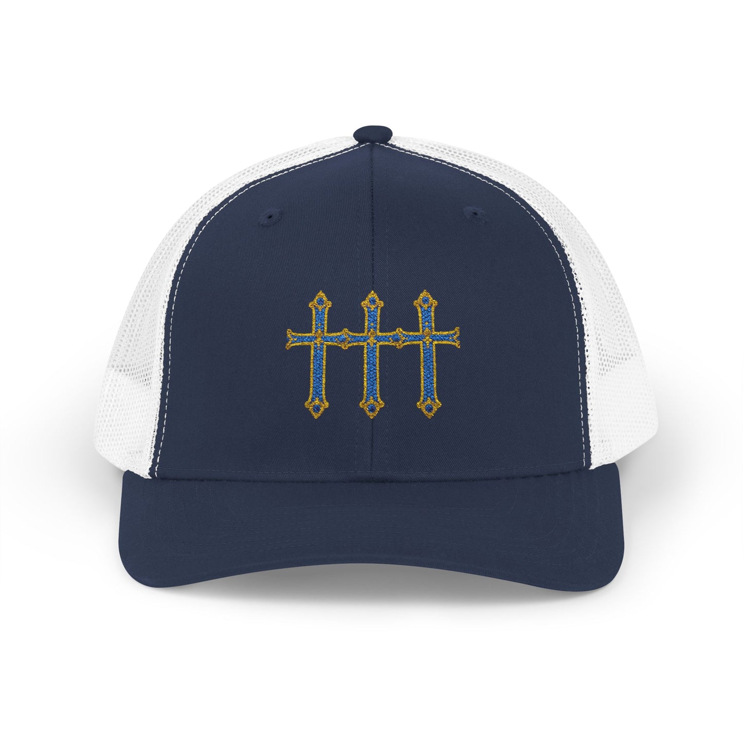 Embroidered Triple Cross Snapback Trucker Cap — Floral Gold & Blue Design