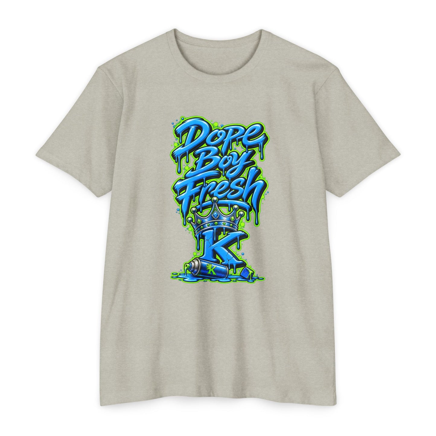KHUSHI Dope Boy Fresh Graffiti T-Shirt — Urban Streetwear Tee with Blue & Neon Green Drip Design