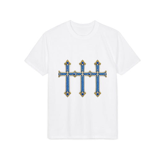 Triple Ornate Cross T-Shirt — Decorative Blue & Gold Christian Faith Tee