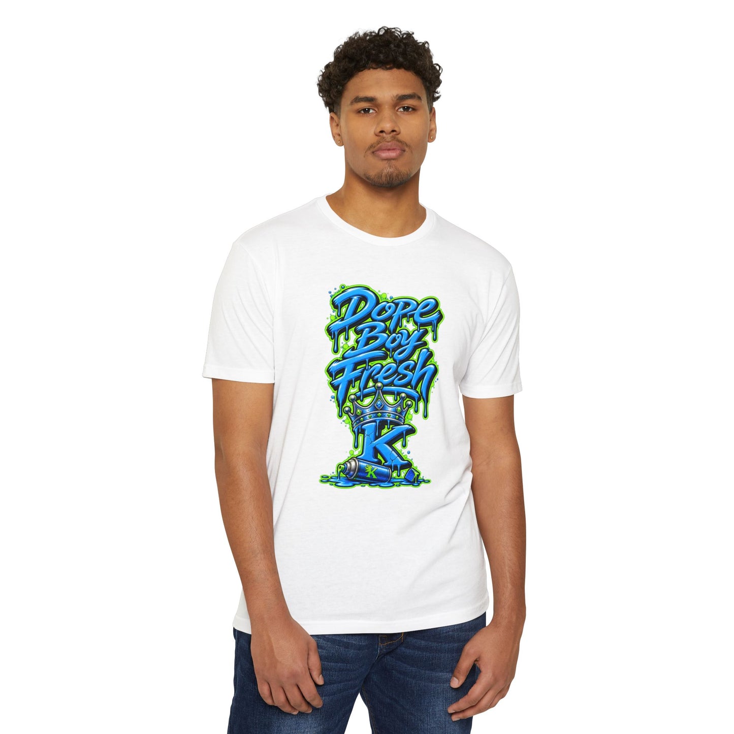KHUSHI Dope Boy Fresh Graffiti T-Shirt — Urban Streetwear Tee with Blue & Neon Green Drip Design