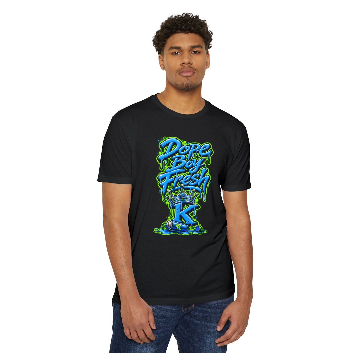 KHUSHI Dope Boy Fresh Graffiti T-Shirt — Urban Streetwear Tee with Blue & Neon Green Drip Design