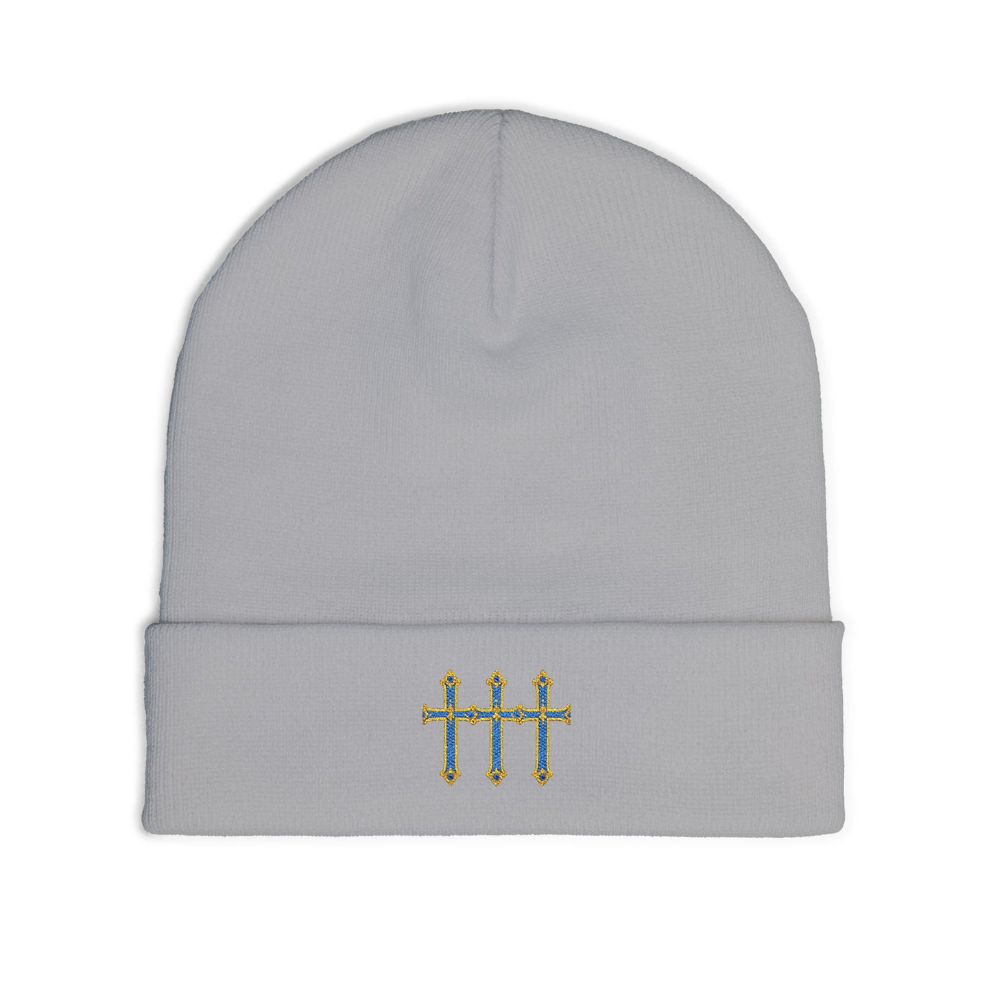 Embroidered Tally Mark Beanie — Knit Winter Hat with Gold & Blue Stitching