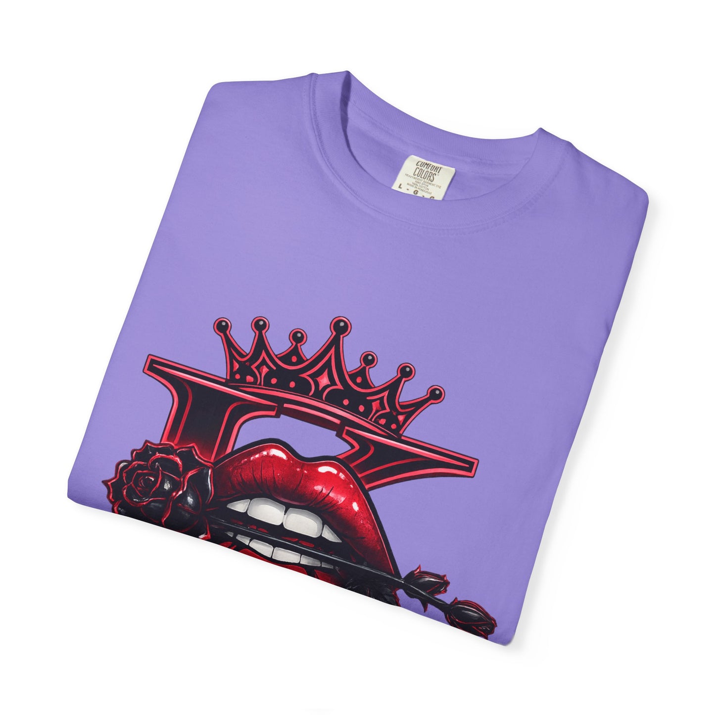 KHUSHI Black Rose Graphic T-Shirt — Red Crown & Lip Logo
