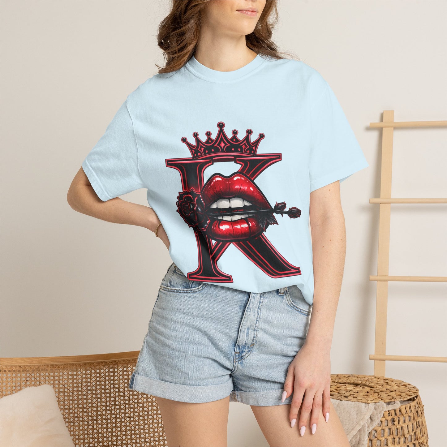 KHUSHI Black Rose Graphic T-Shirt — Red Crown & Lip Logo