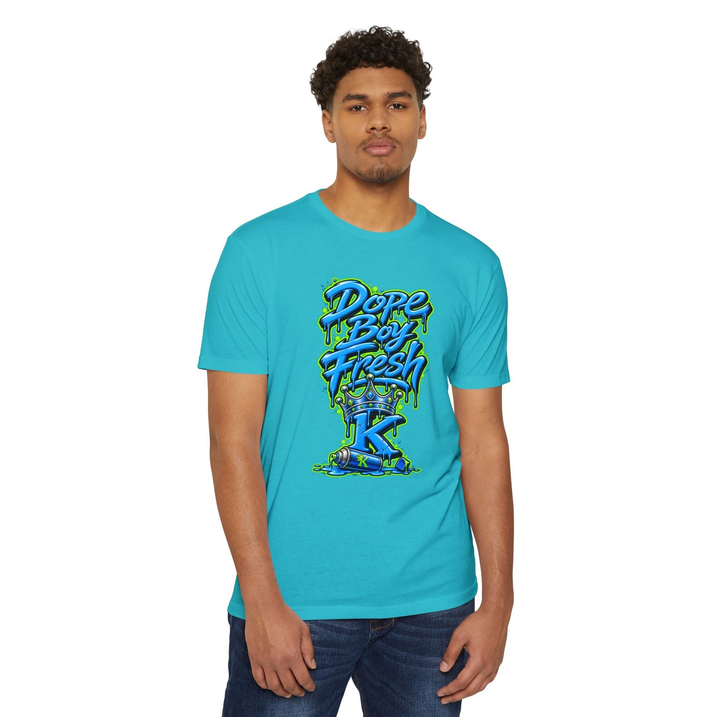 KHUSHI Dope Boy Fresh Graffiti T-Shirt — Urban Streetwear Tee with Blue & Neon Green Drip Design
