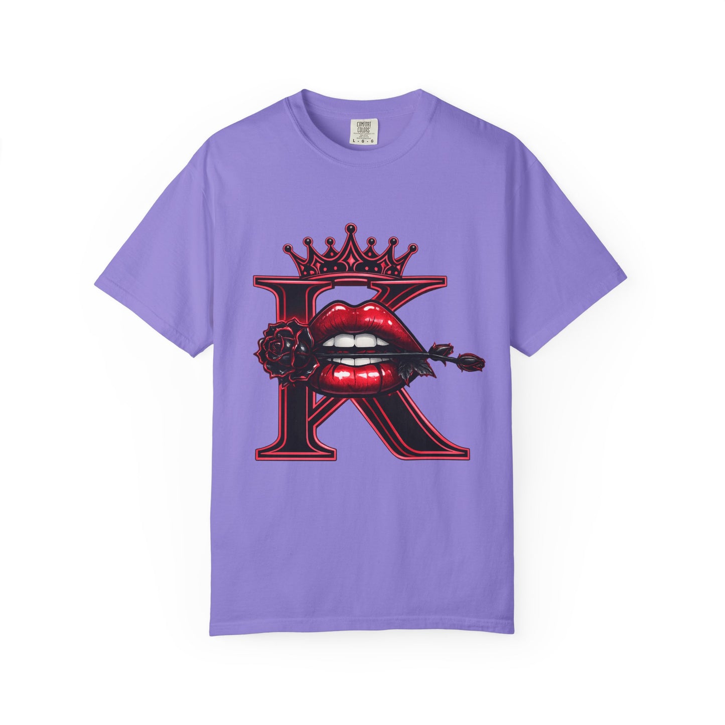KHUSHI Black Rose Graphic T-Shirt — Red Crown & Lip Logo