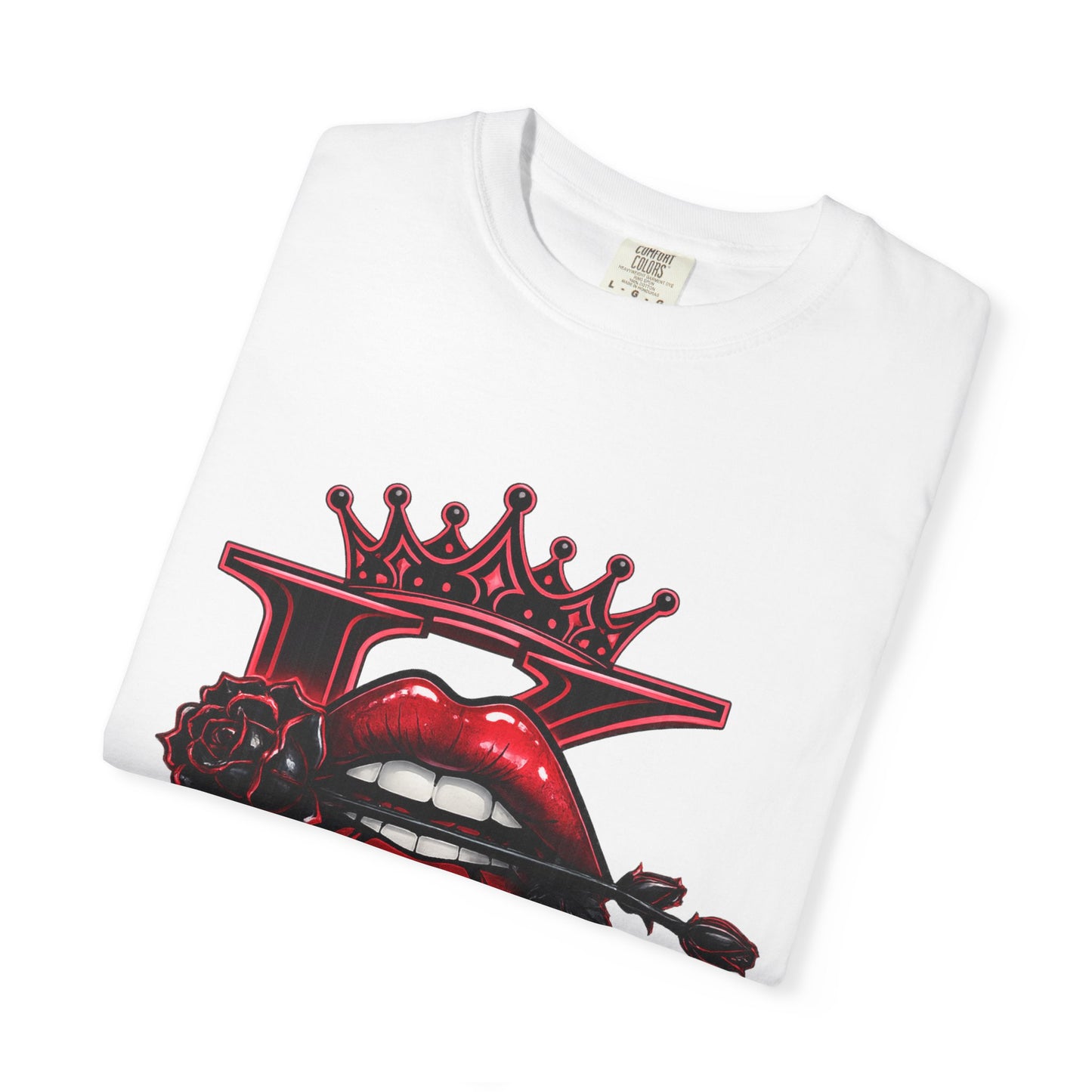 KHUSHI Black Rose Graphic T-Shirt — Red Crown & Lip Logo