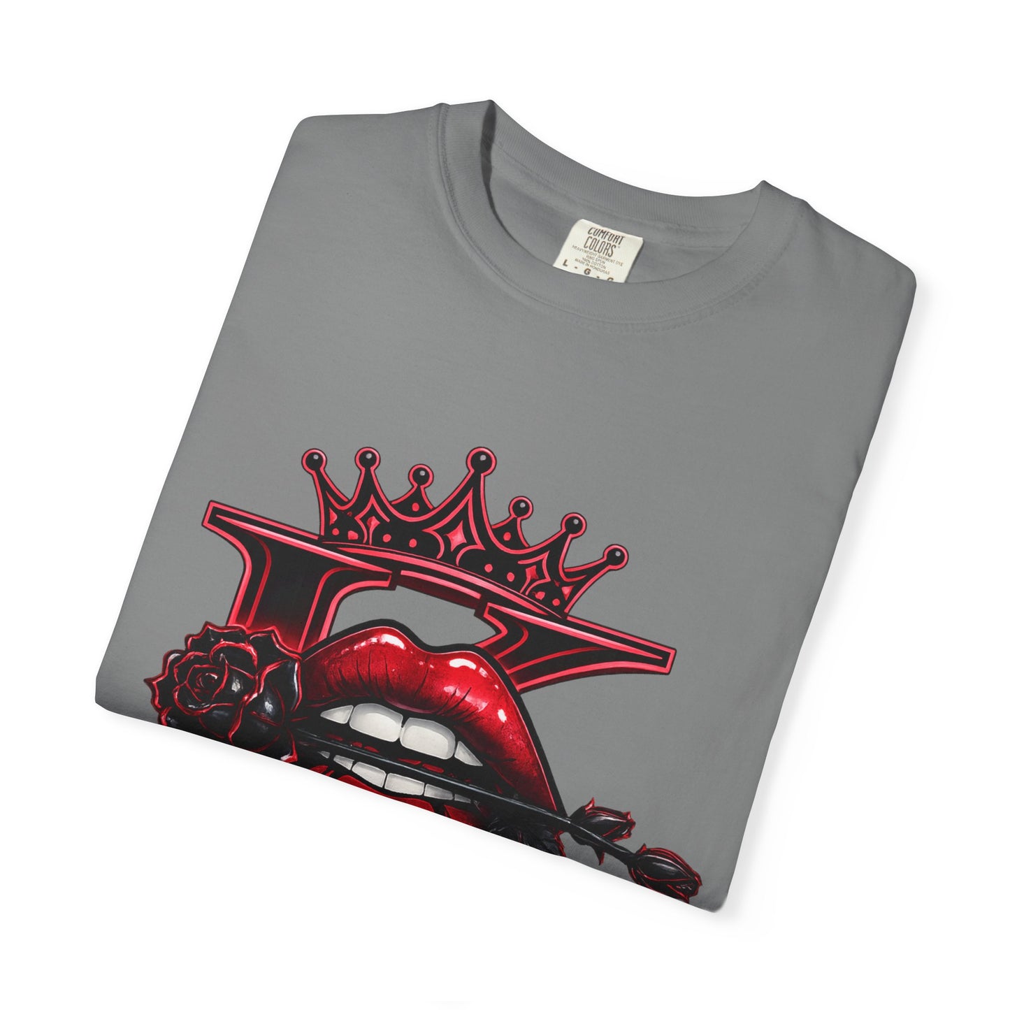 KHUSHI Black Rose Graphic T-Shirt — Red Crown & Lip Logo
