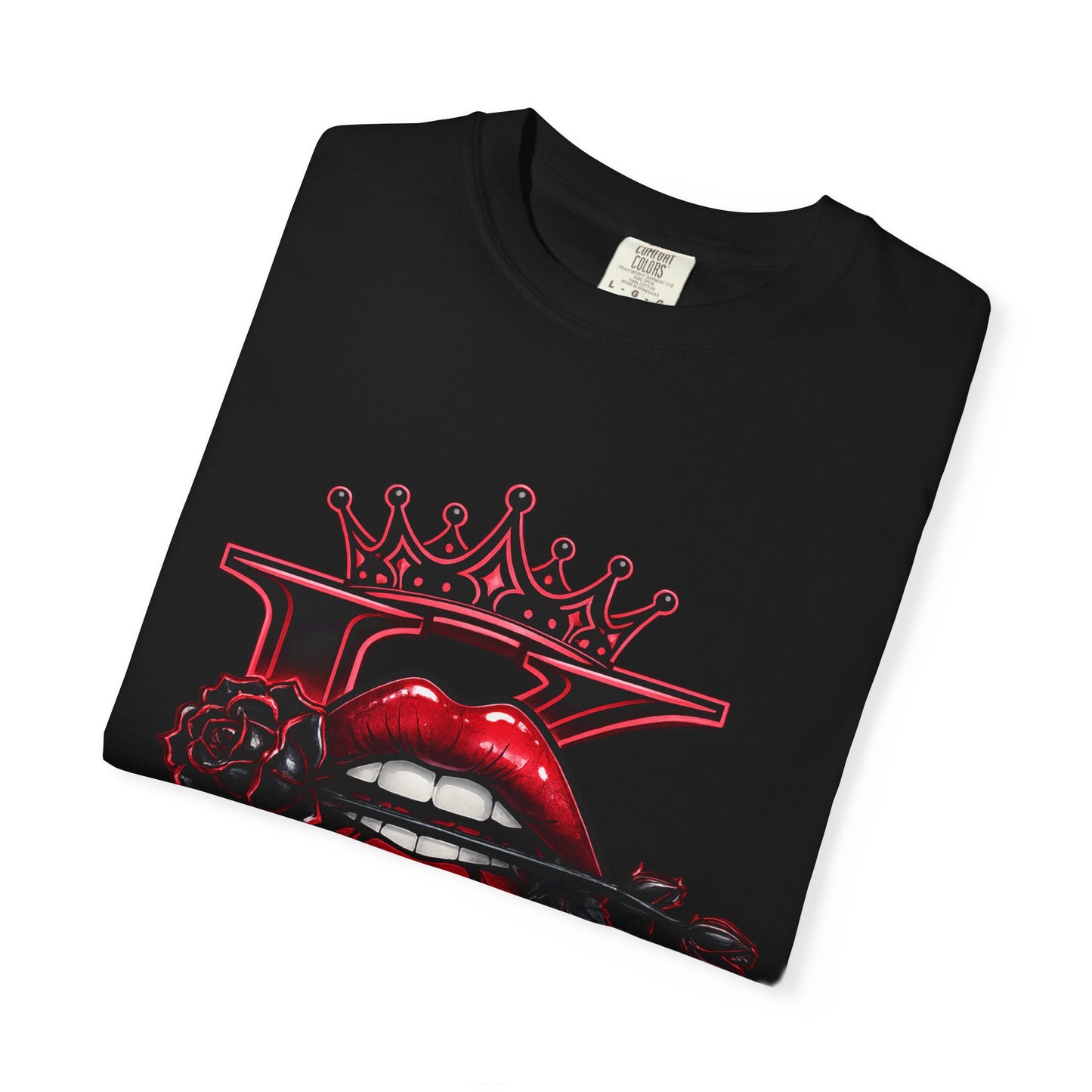 KHUSHI Black Rose Graphic T-Shirt — Red Crown & Lip Logo