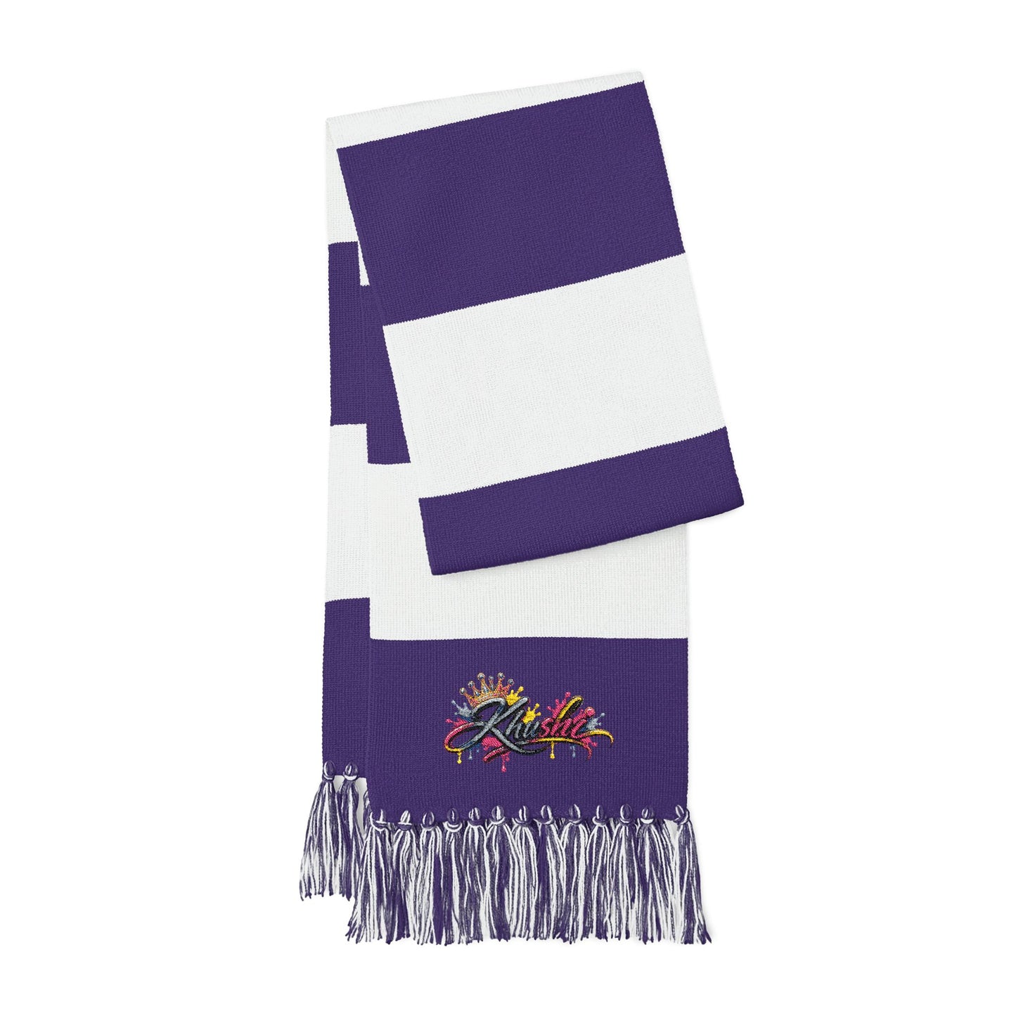 Embroidered Striped Spectator Scarf — Team Colors Fan Scarf with Colorful Crest