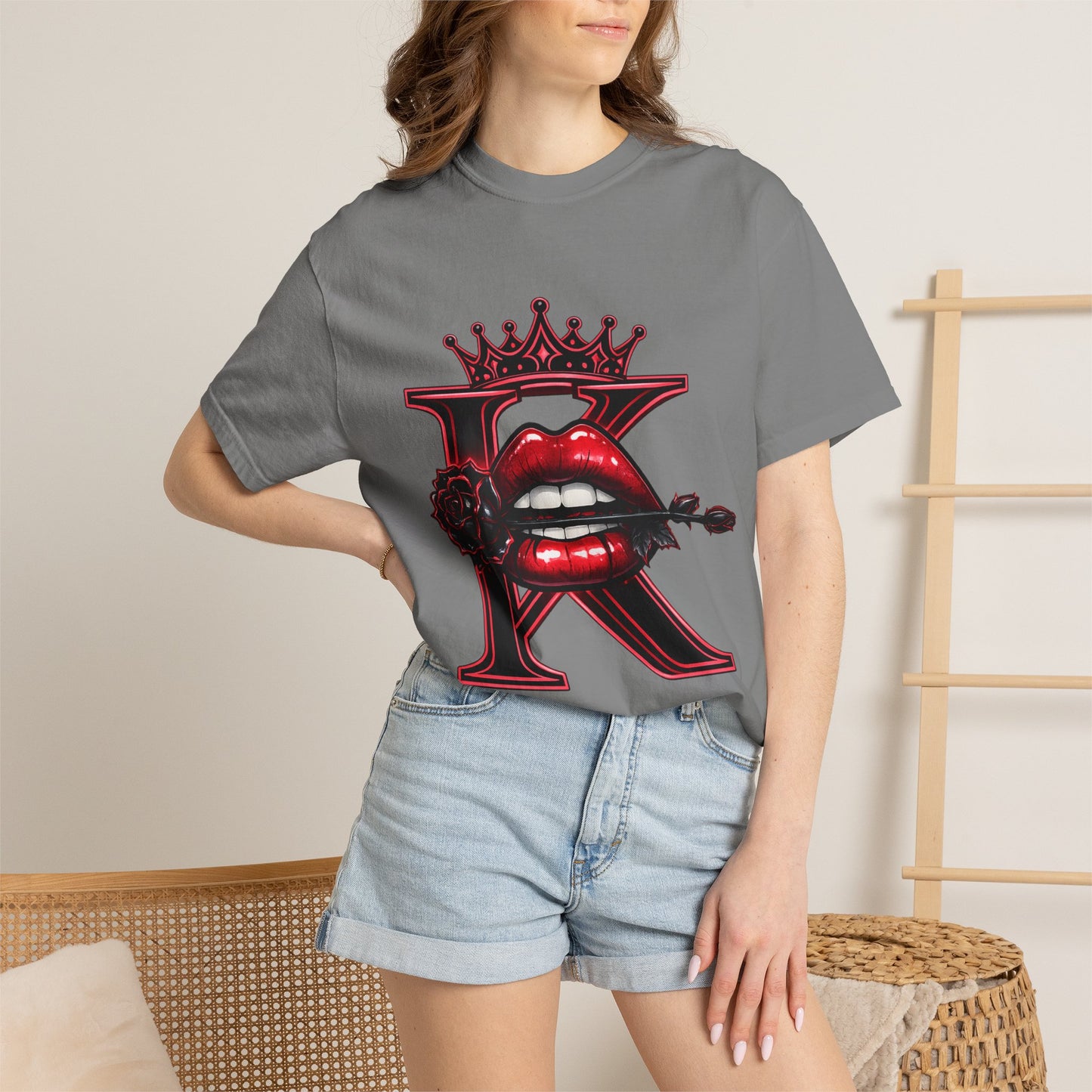 KHUSHI Black Rose Graphic T-Shirt — Red Crown & Lip Logo