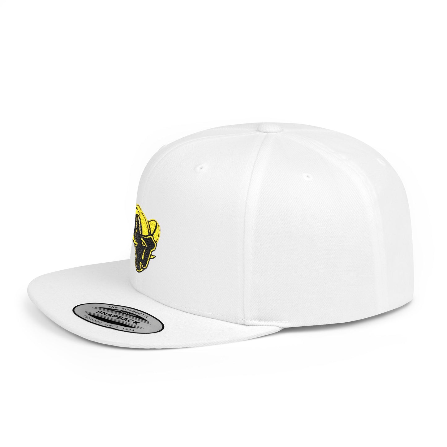 KHUSHI Ram Skull Snapback Hat — Yellow Embroidered Goat Skull Flat Bill Cap