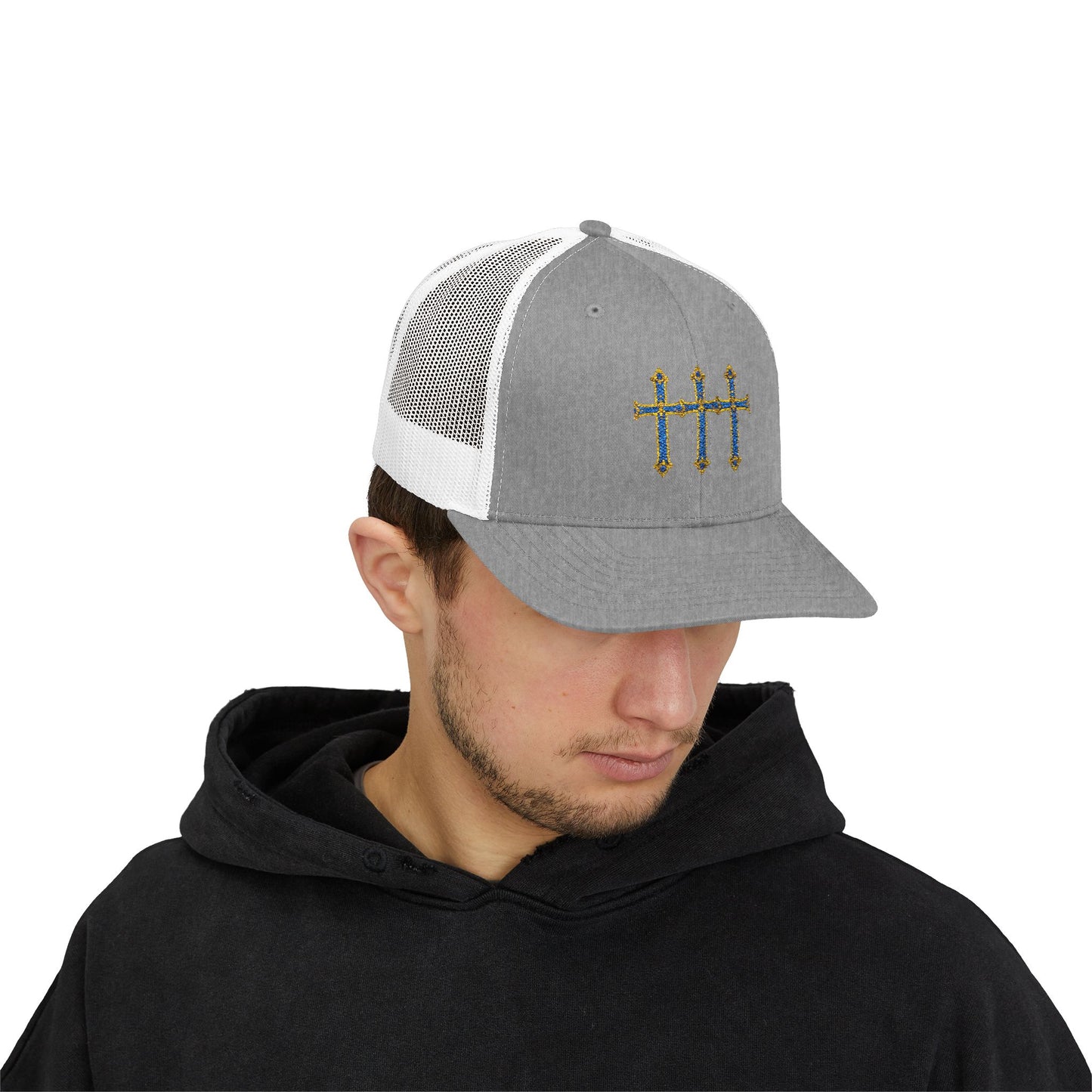 Embroidered Triple Cross Snapback Trucker Cap — Floral Gold & Blue Design