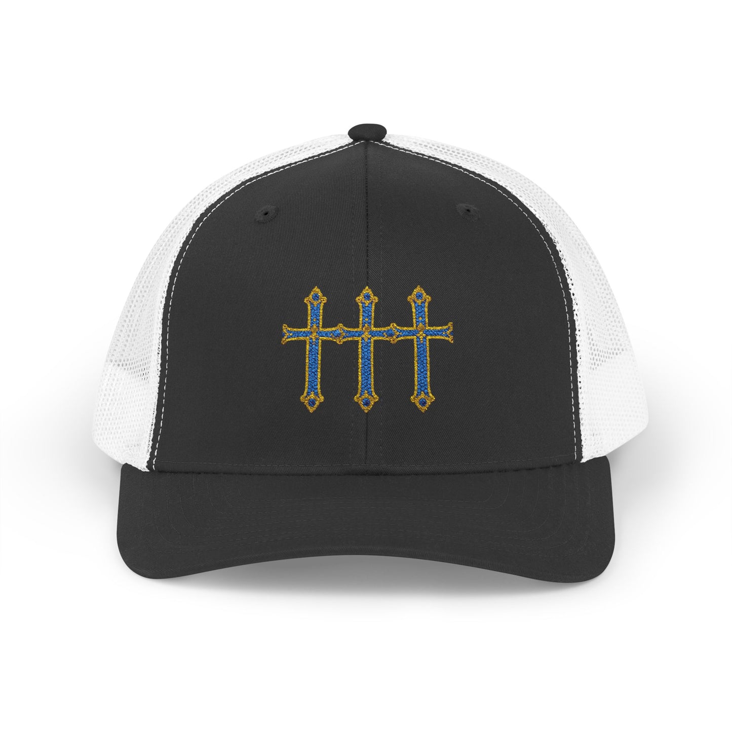 Embroidered Triple Cross Snapback Trucker Cap — Floral Gold & Blue Design