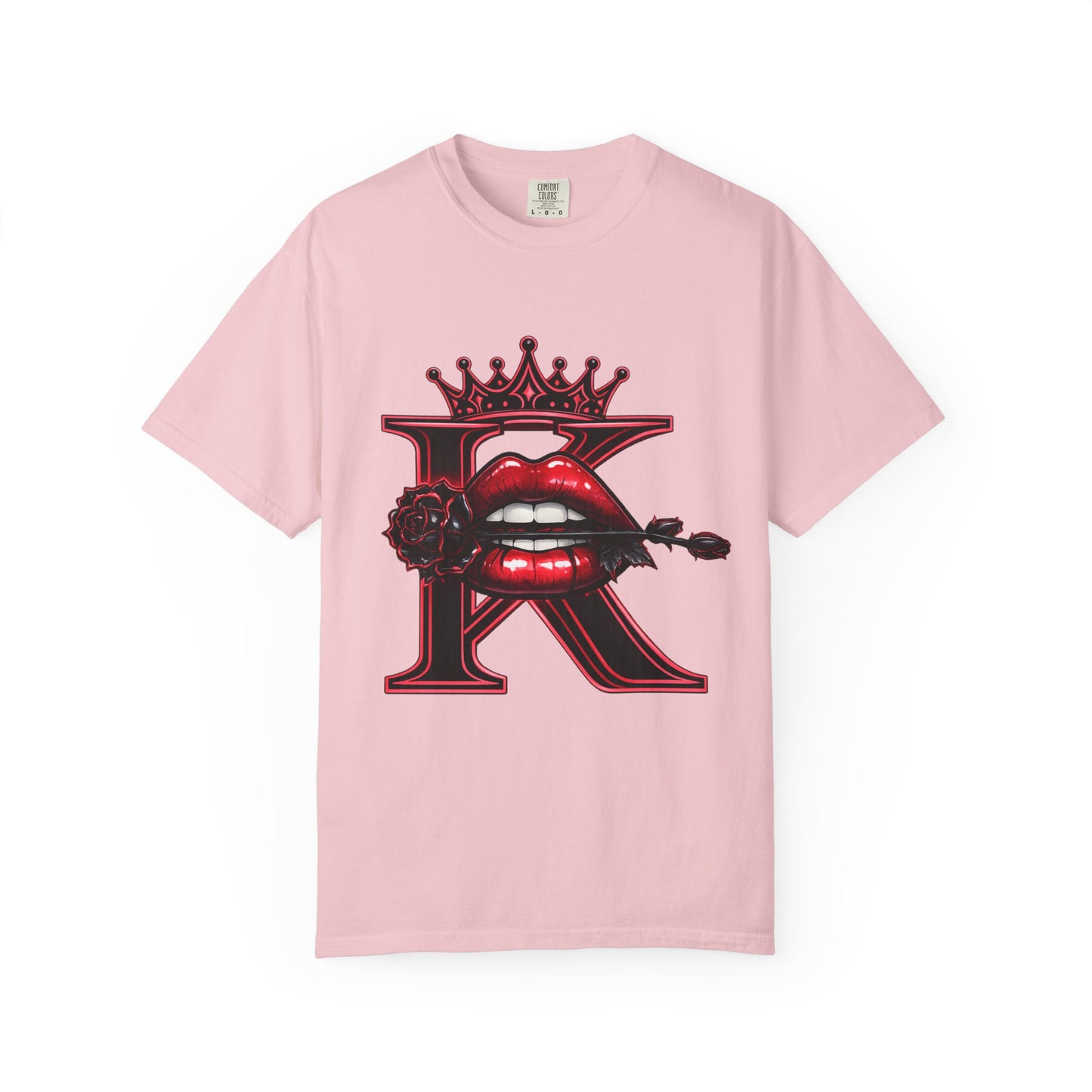 KHUSHI Black Rose Graphic T-Shirt — Red Crown & Lip Logo