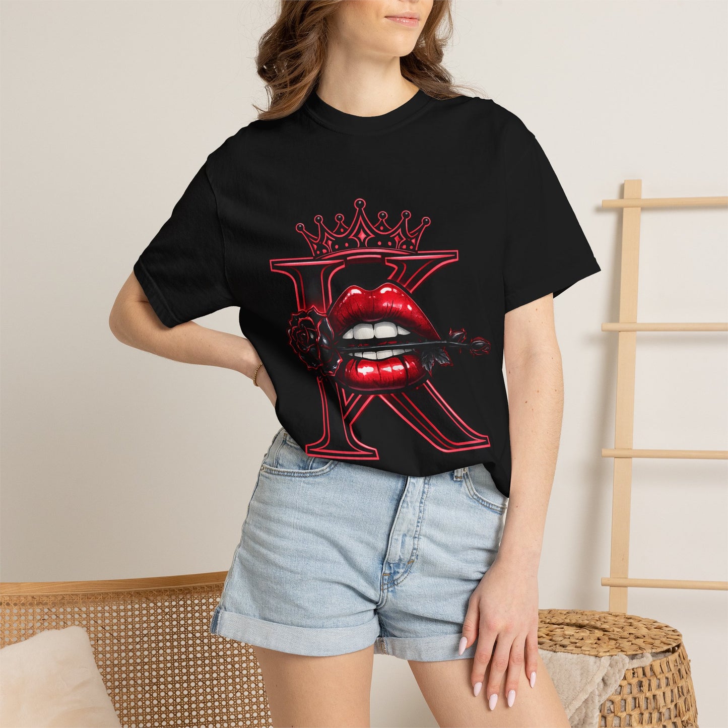 KHUSHI Black Rose Graphic T-Shirt — Red Crown & Lip Logo