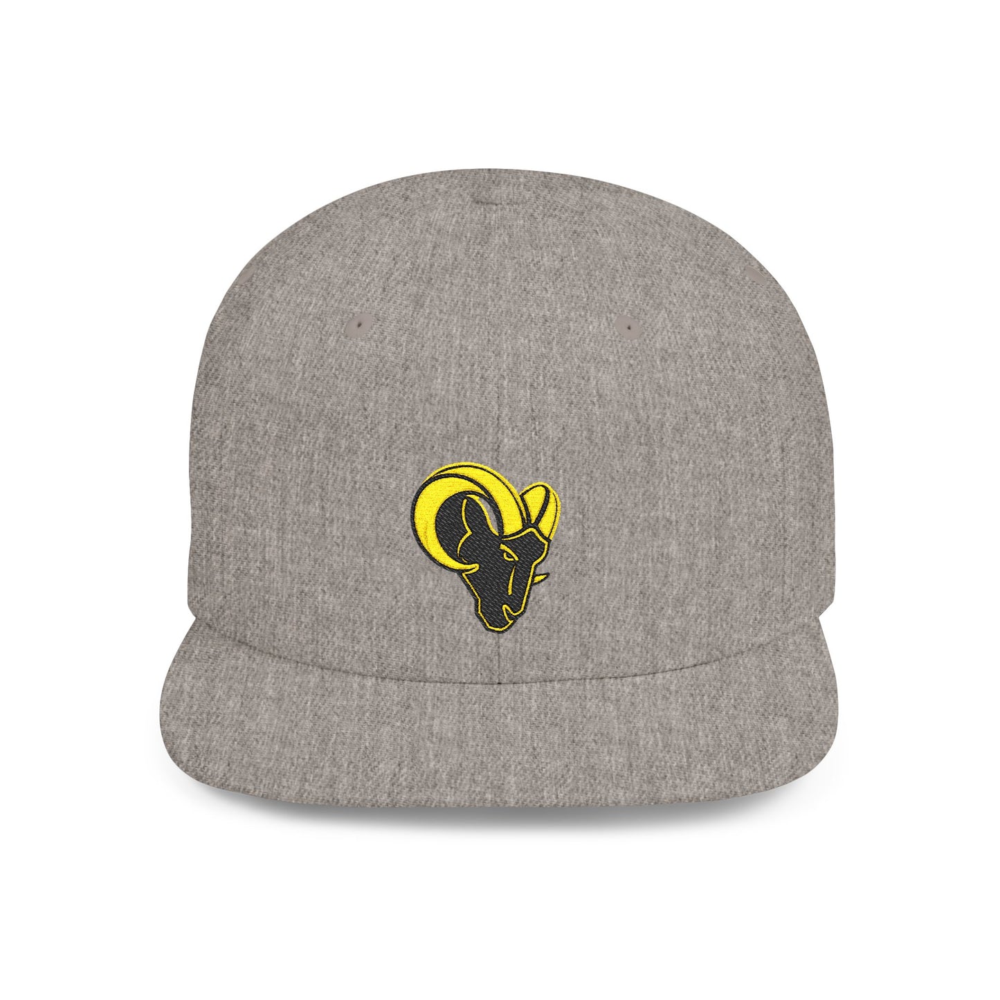 KHUSHI Ram Skull Snapback Hat — Yellow Embroidered Goat Skull Flat Bill Cap