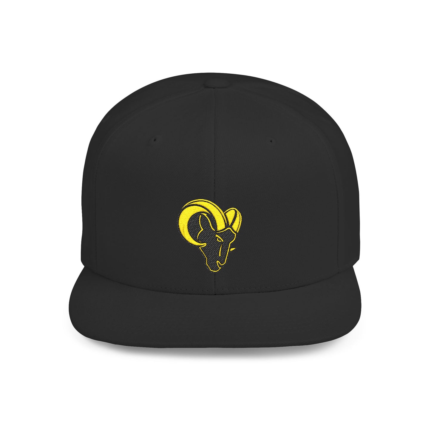 KHUSHI Ram Skull Snapback Hat — Yellow Embroidered Goat Skull Flat Bill Cap