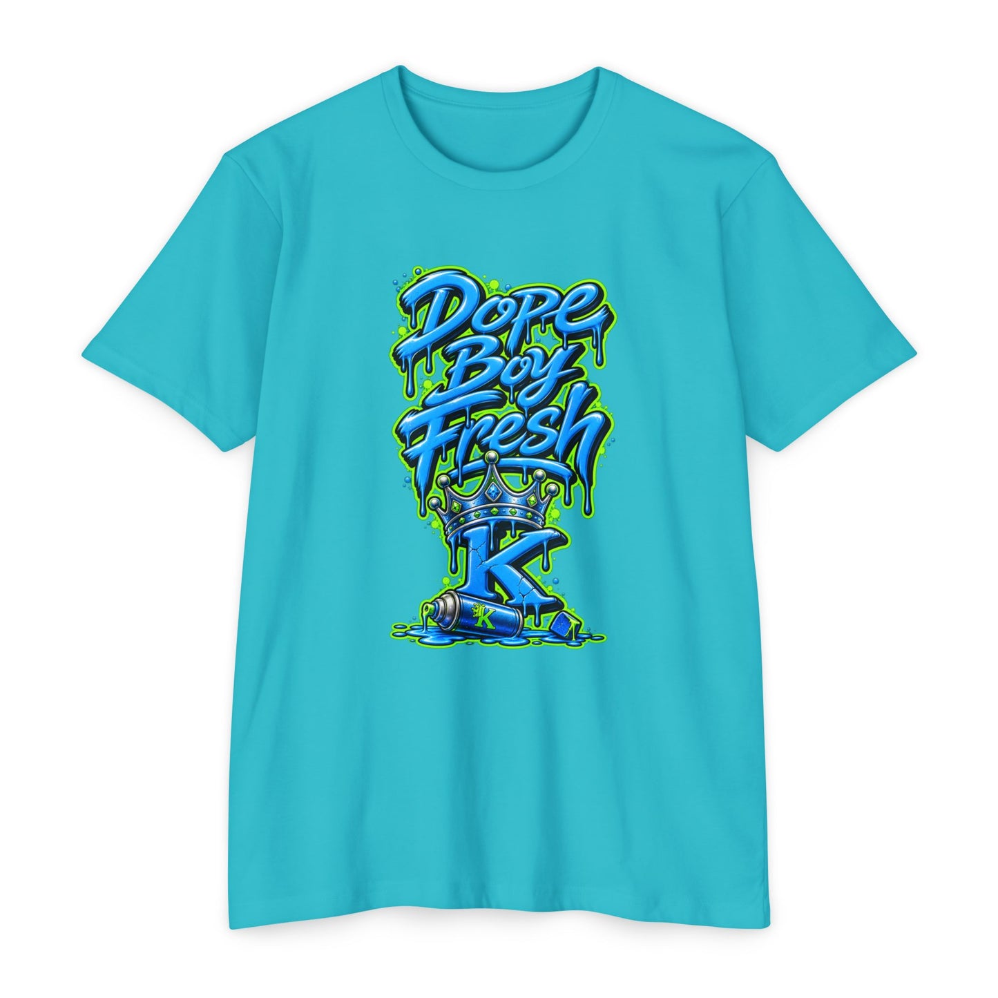 KHUSHI Dope Boy Fresh Graffiti T-Shirt — Urban Streetwear Tee with Blue & Neon Green Drip Design