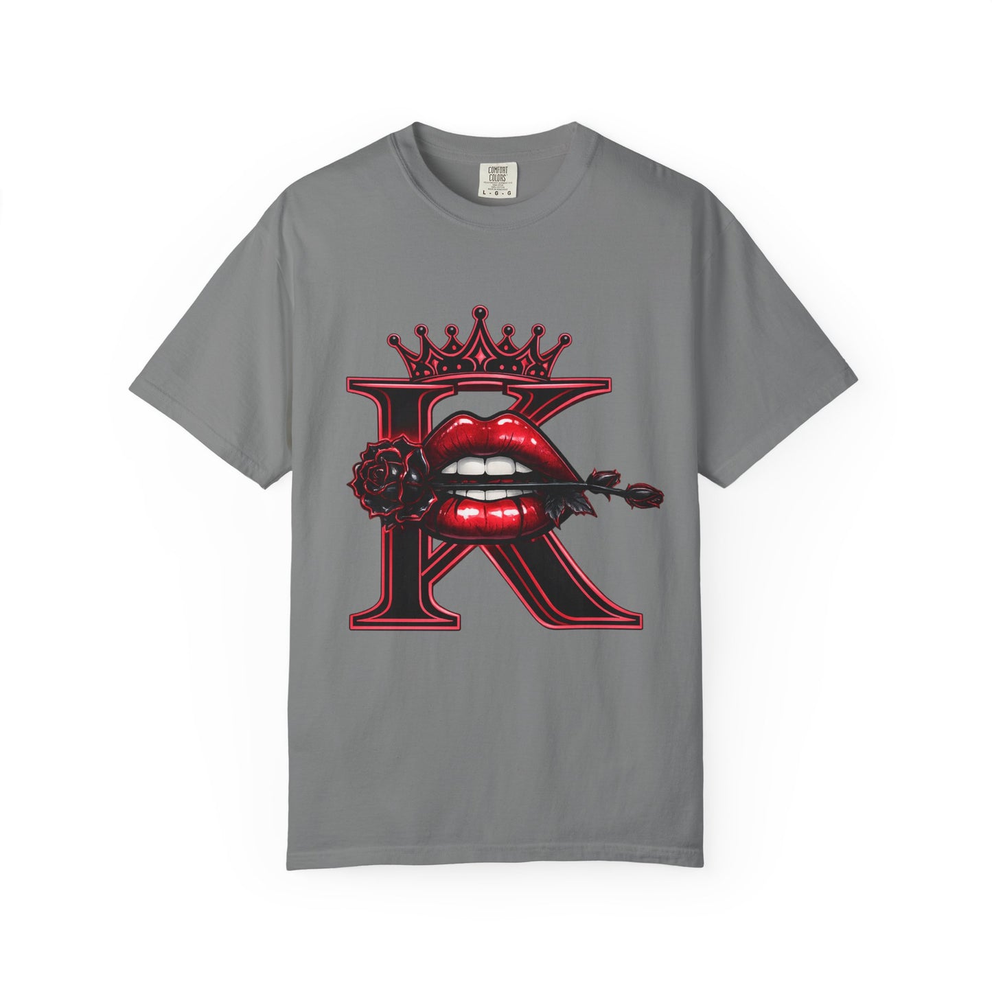 KHUSHI Black Rose Graphic T-Shirt — Red Crown & Lip Logo