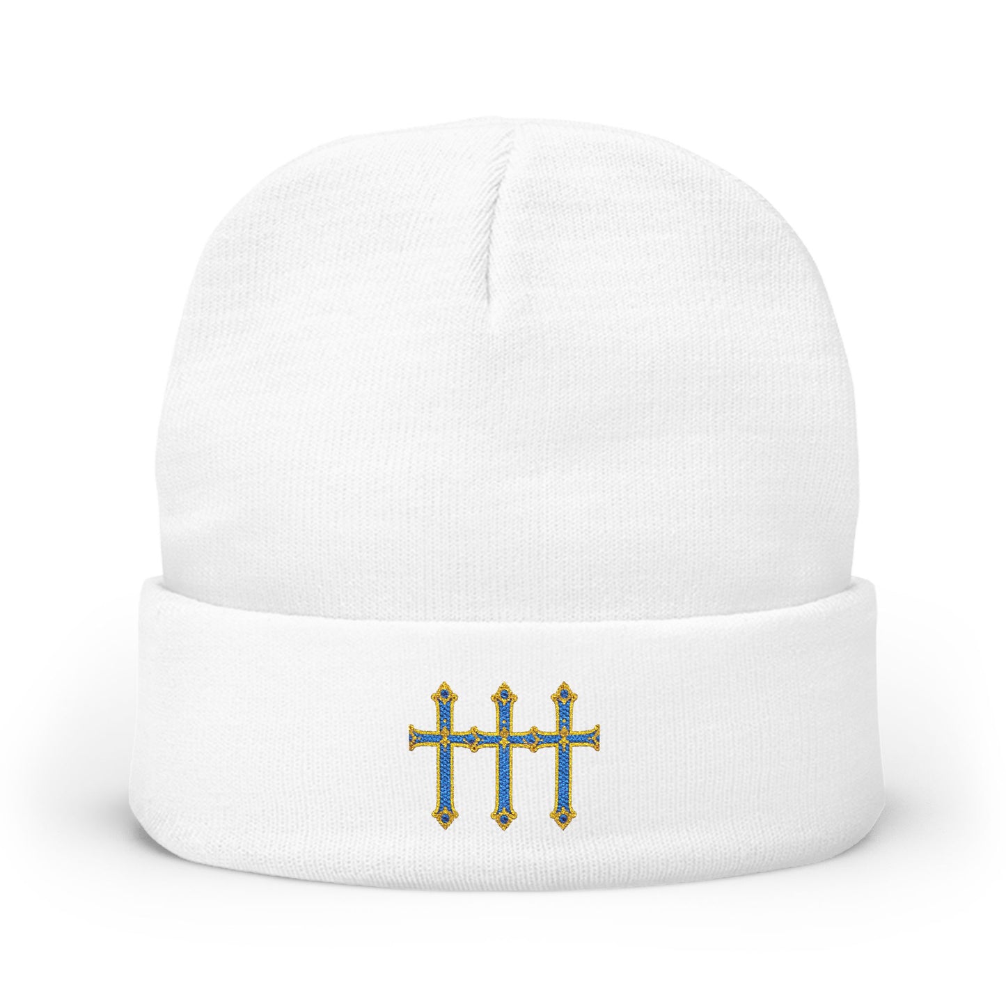 Embroidered Tally Mark Beanie — Knit Winter Hat with Gold & Blue Stitching