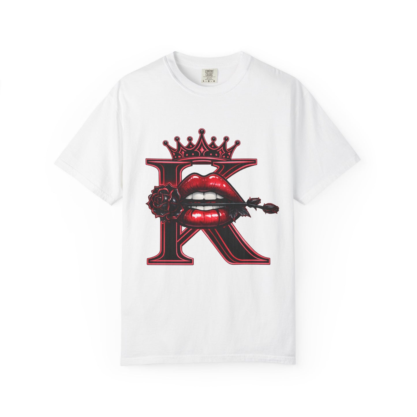 KHUSHI Black Rose Graphic T-Shirt — Red Crown & Lip Logo