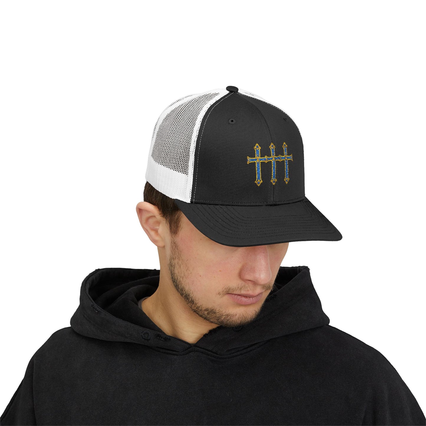 Embroidered Triple Cross Snapback Trucker Cap — Floral Gold & Blue Design