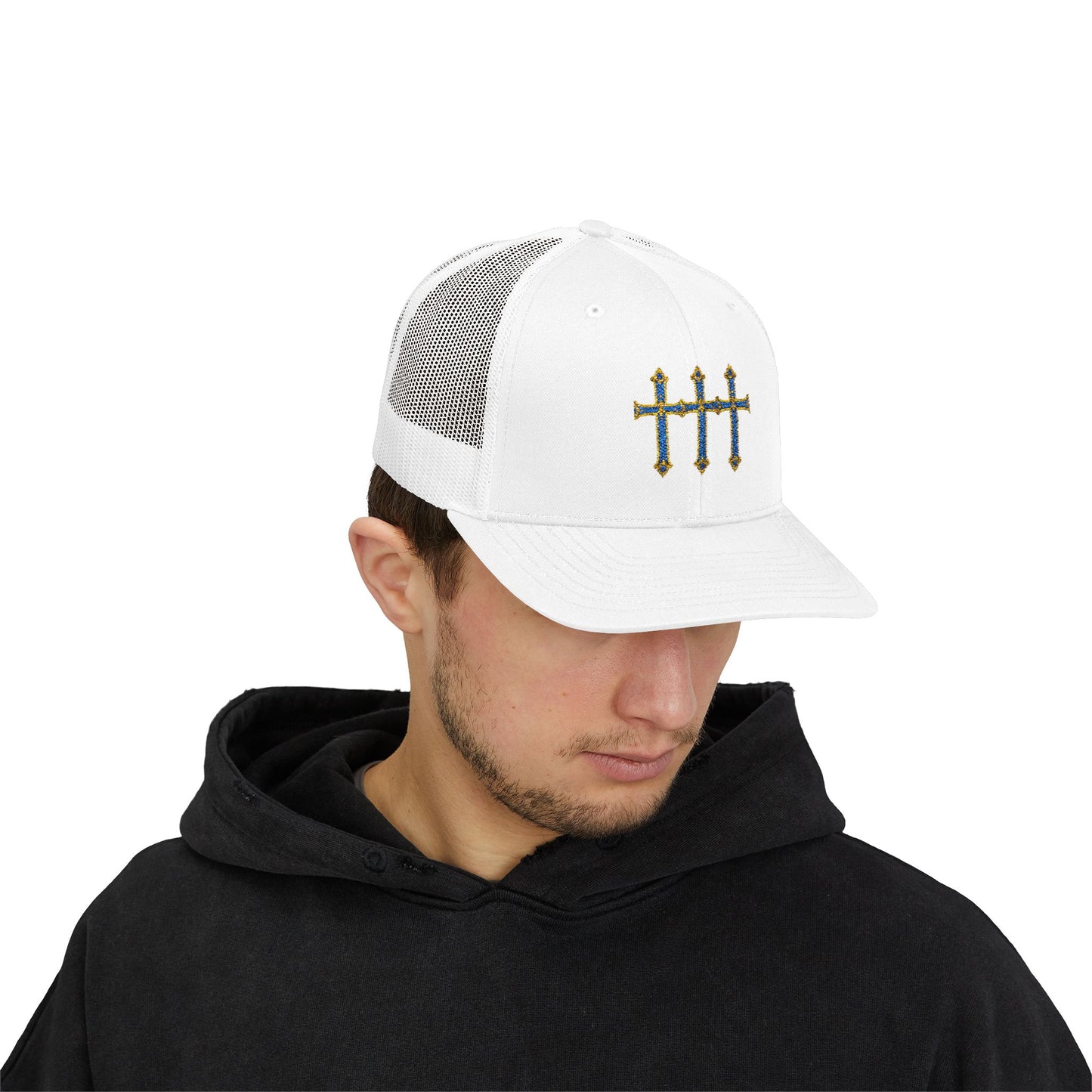 Embroidered Triple Cross Snapback Trucker Cap — Floral Gold & Blue Design