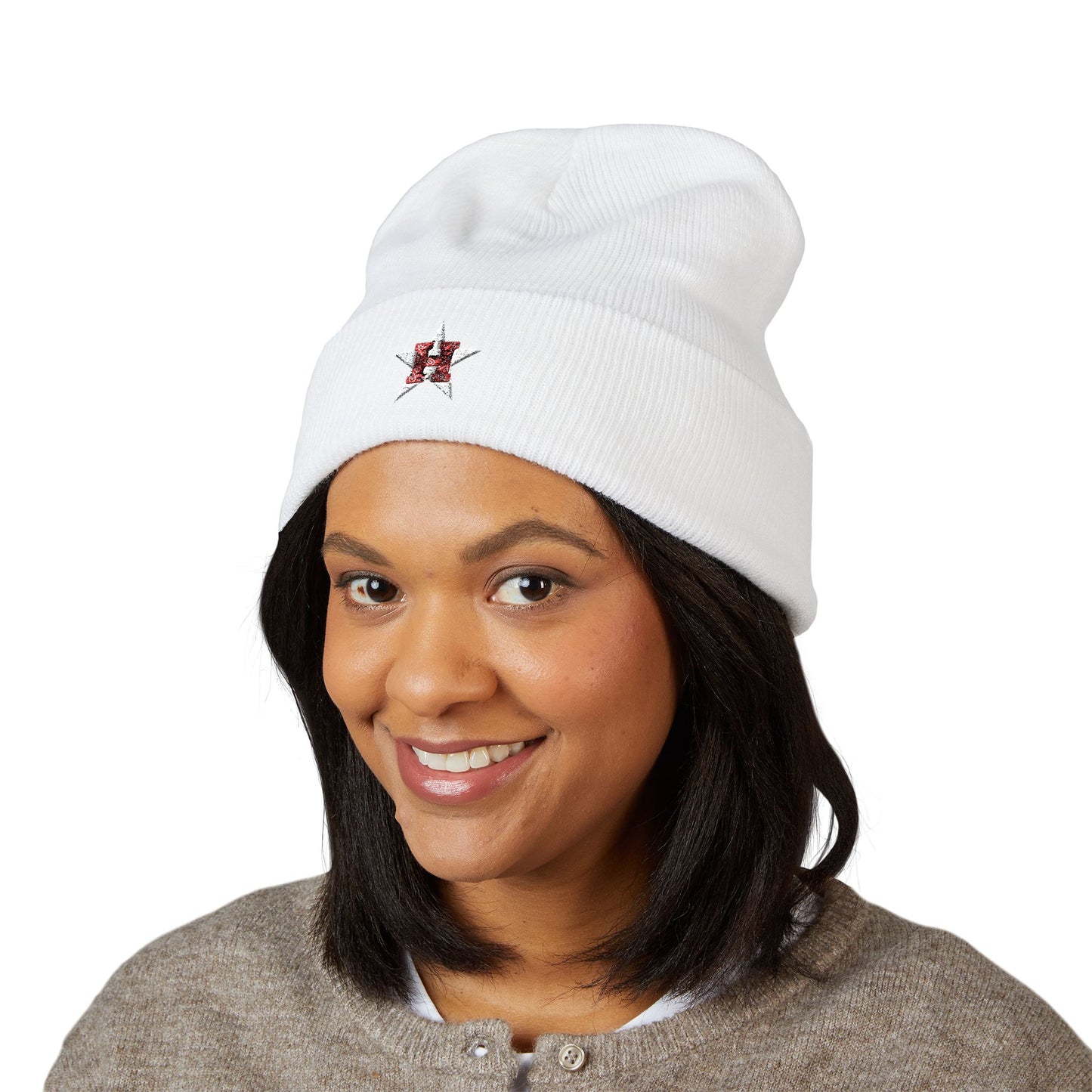 Embroidered Star Bandana Initial Beanie — Classic Cuffed Knit Hat with Red 'H' Accent