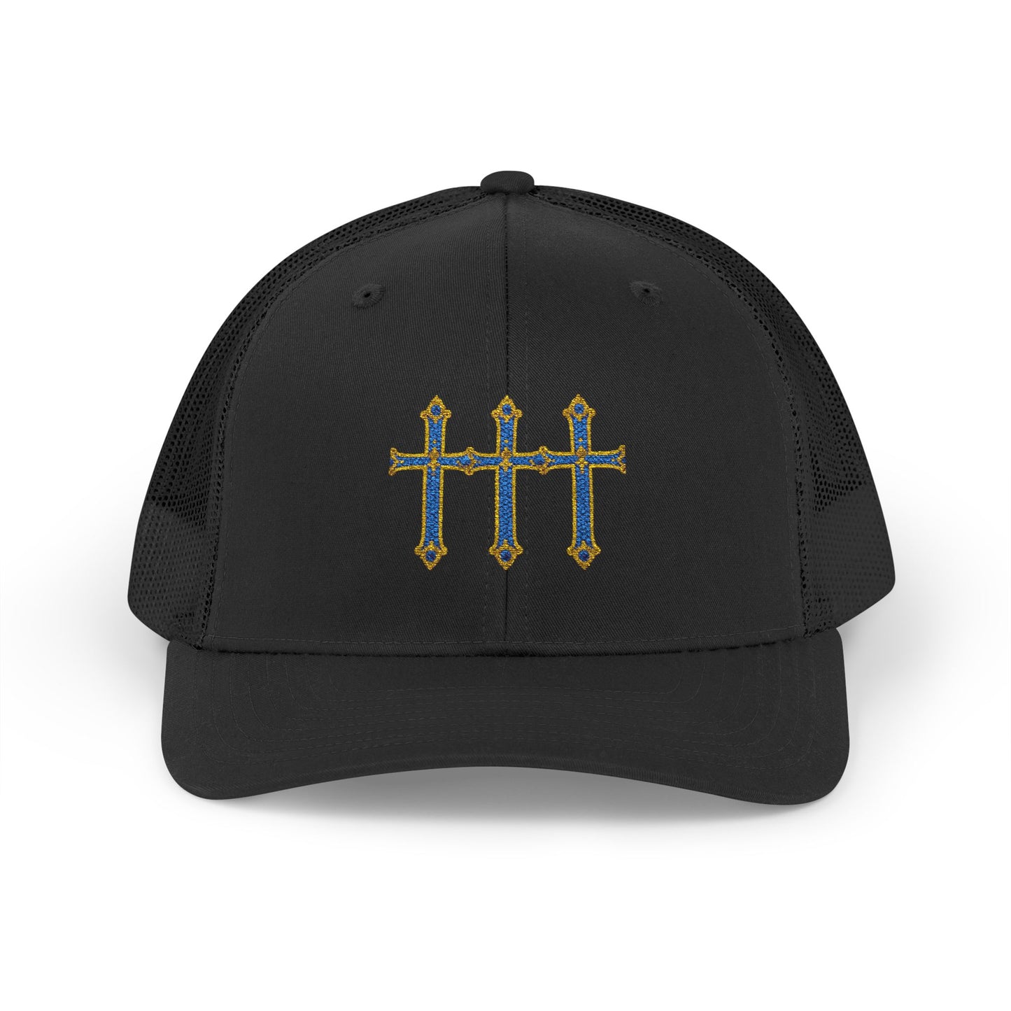 Embroidered Triple Cross Snapback Trucker Cap — Floral Gold & Blue Design