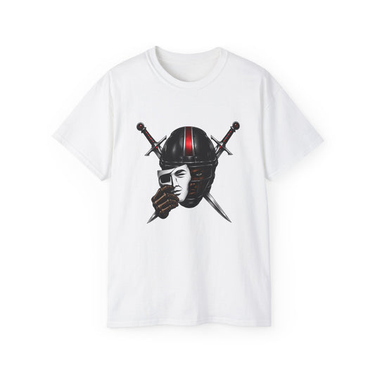 Vintage Biker Skull Helmet Tee — Rider Mask & Crossed Swords Graphic