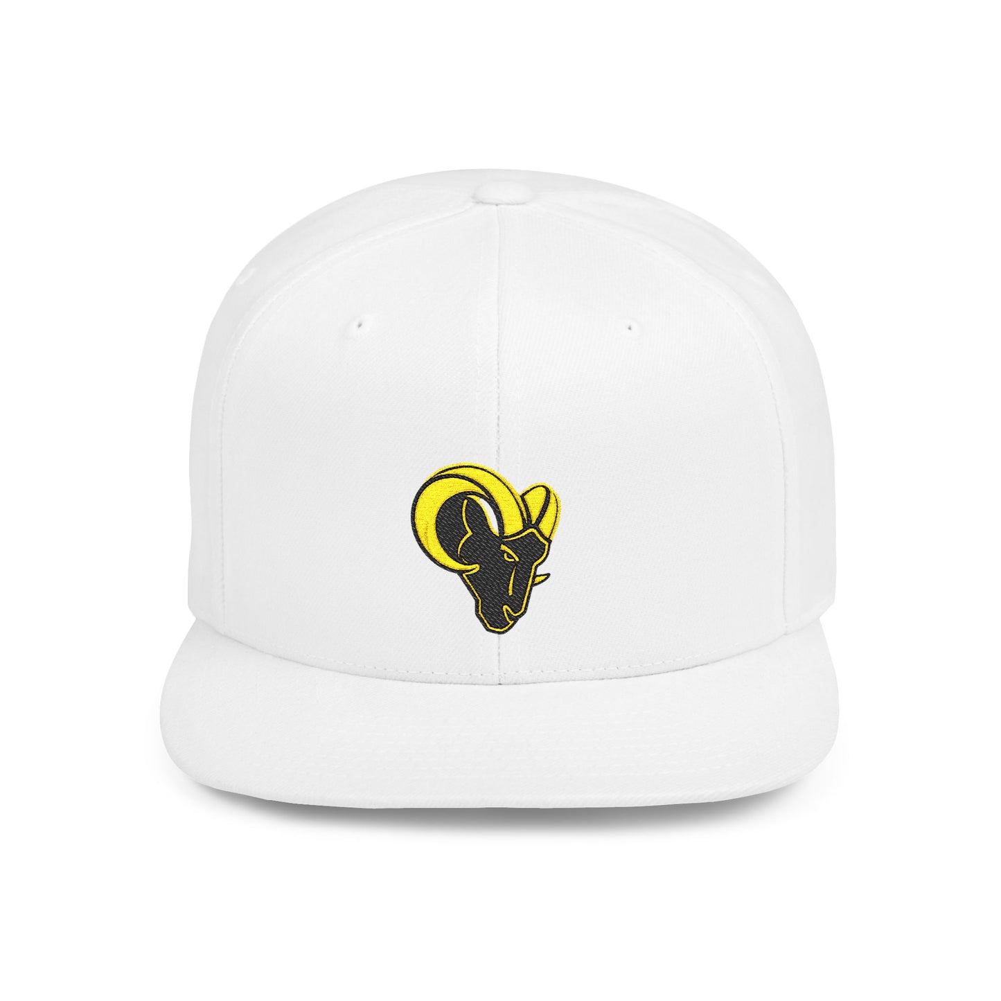 KHUSHI Ram Skull Snapback Hat — Yellow Embroidered Goat Skull Flat Bill Cap