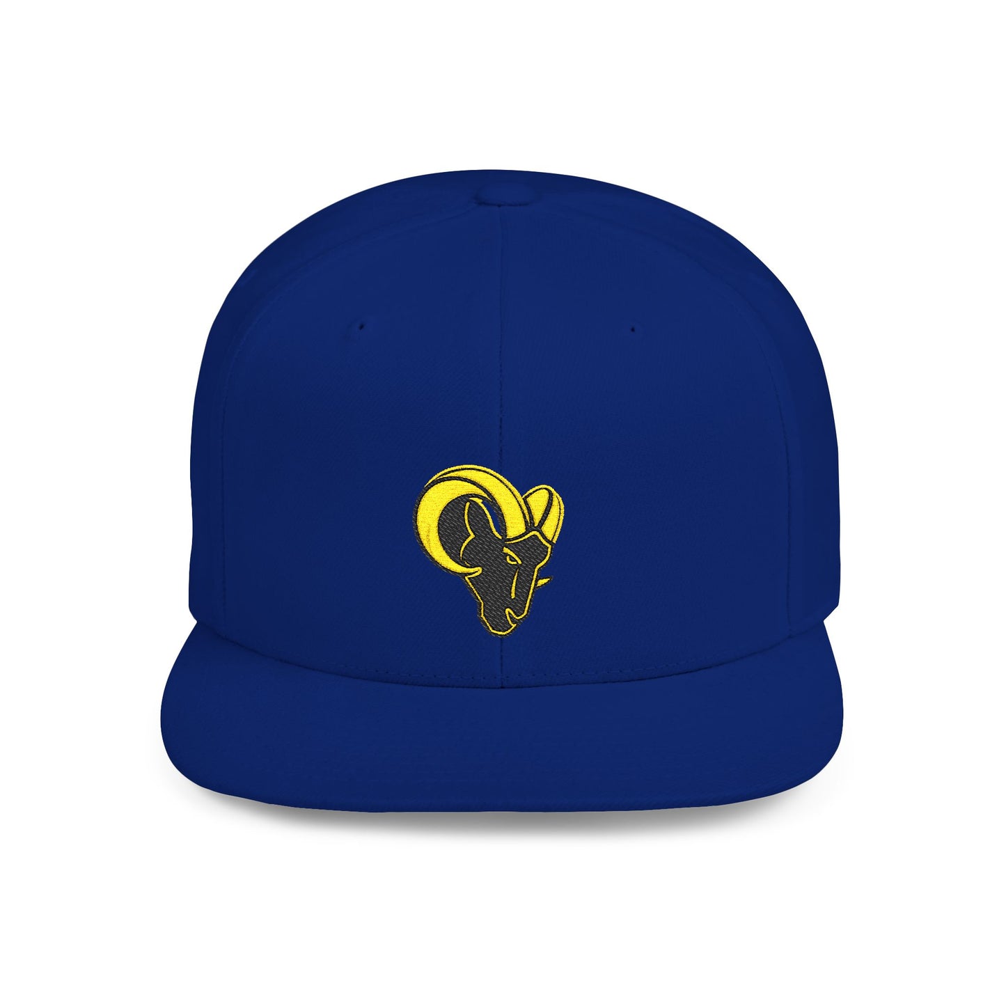 KHUSHI Ram Skull Snapback Hat — Yellow Embroidered Goat Skull Flat Bill Cap