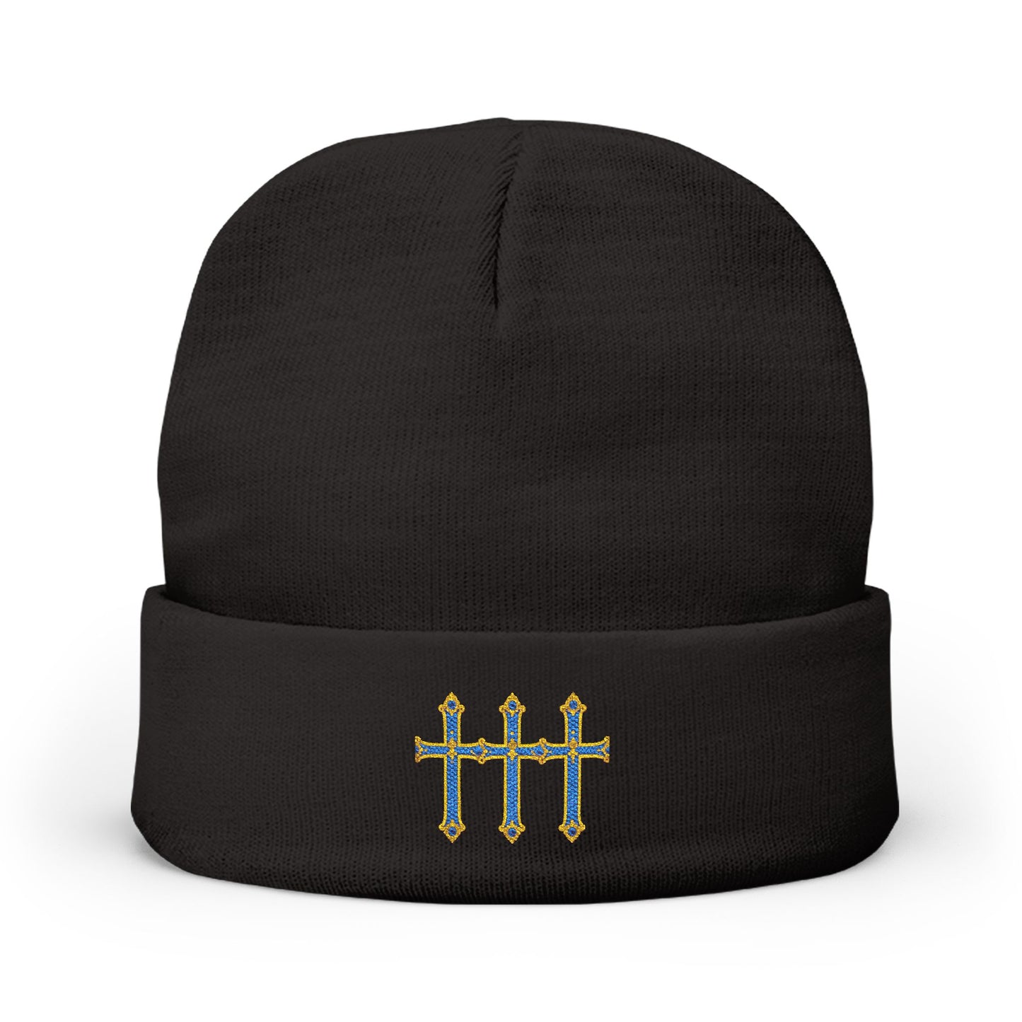 Embroidered Tally Mark Beanie — Knit Winter Hat with Gold & Blue Stitching