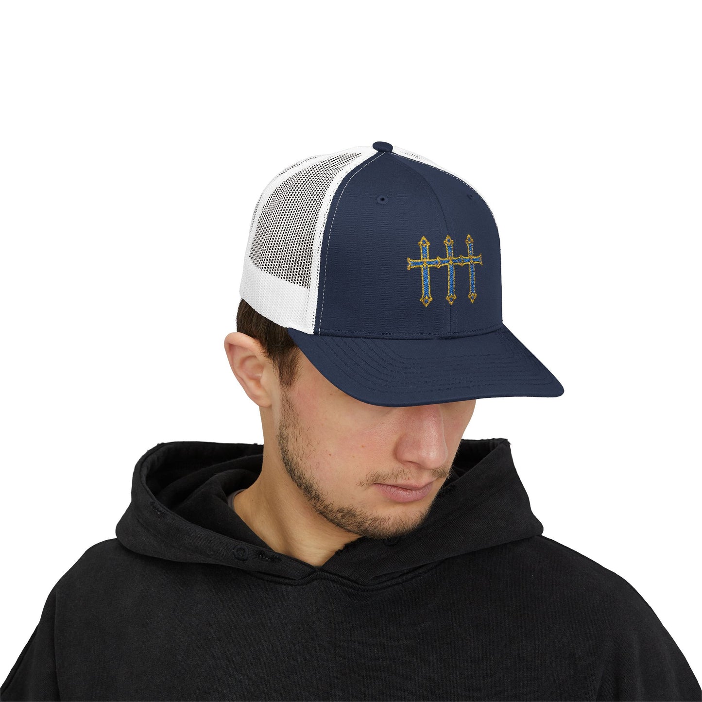 Embroidered Triple Cross Snapback Trucker Cap — Floral Gold & Blue Design