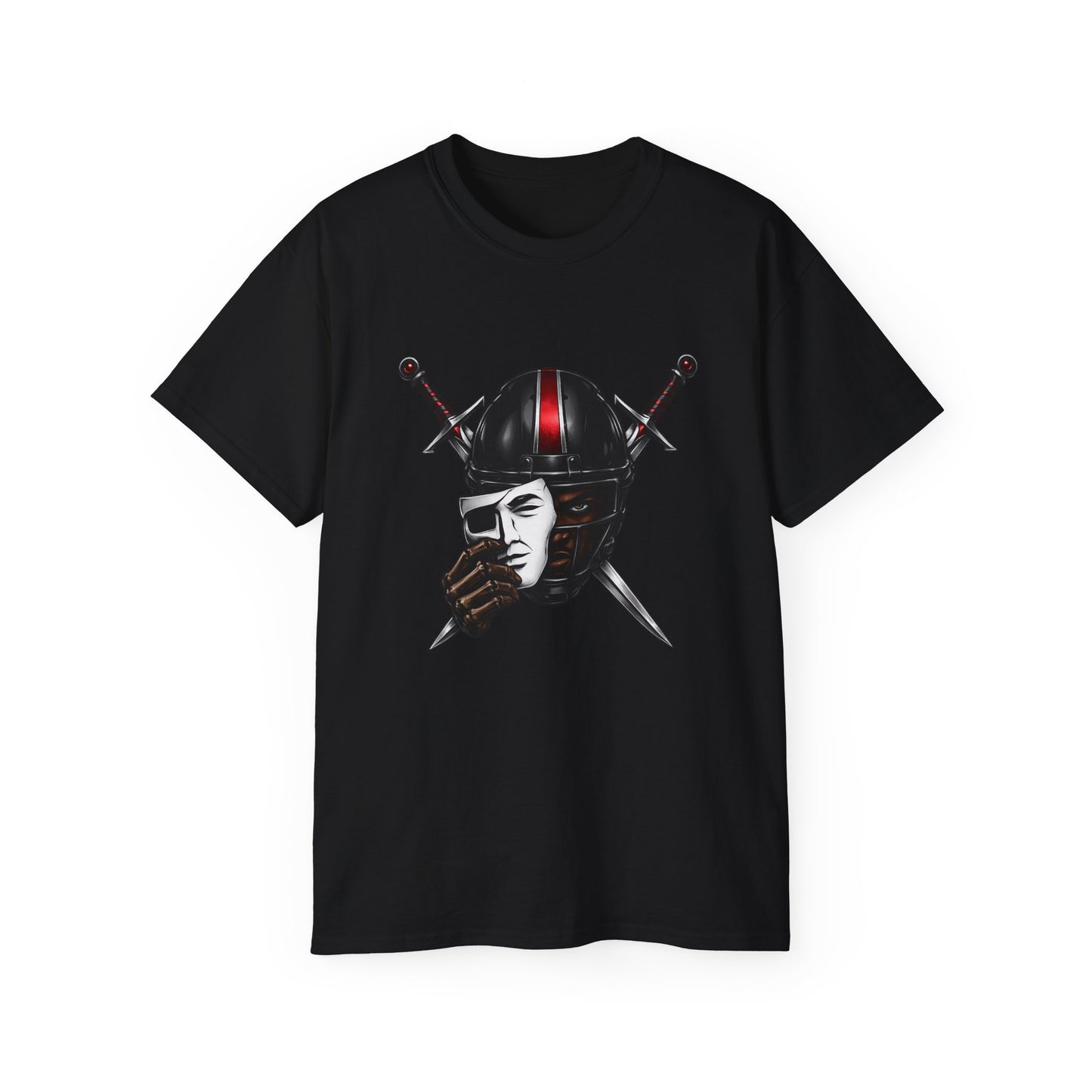 Vintage Biker Skull Helmet Tee — Rider Mask & Crossed Swords Graphic