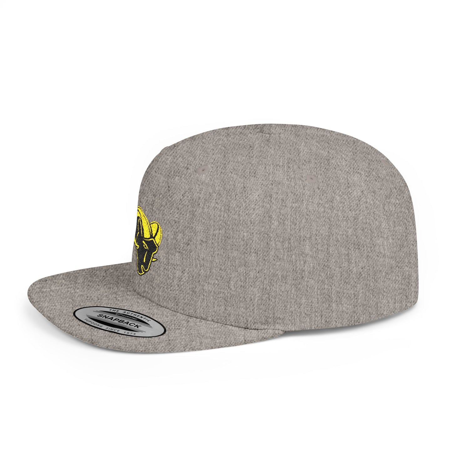 KHUSHI Ram Skull Snapback Hat — Yellow Embroidered Goat Skull Flat Bill Cap