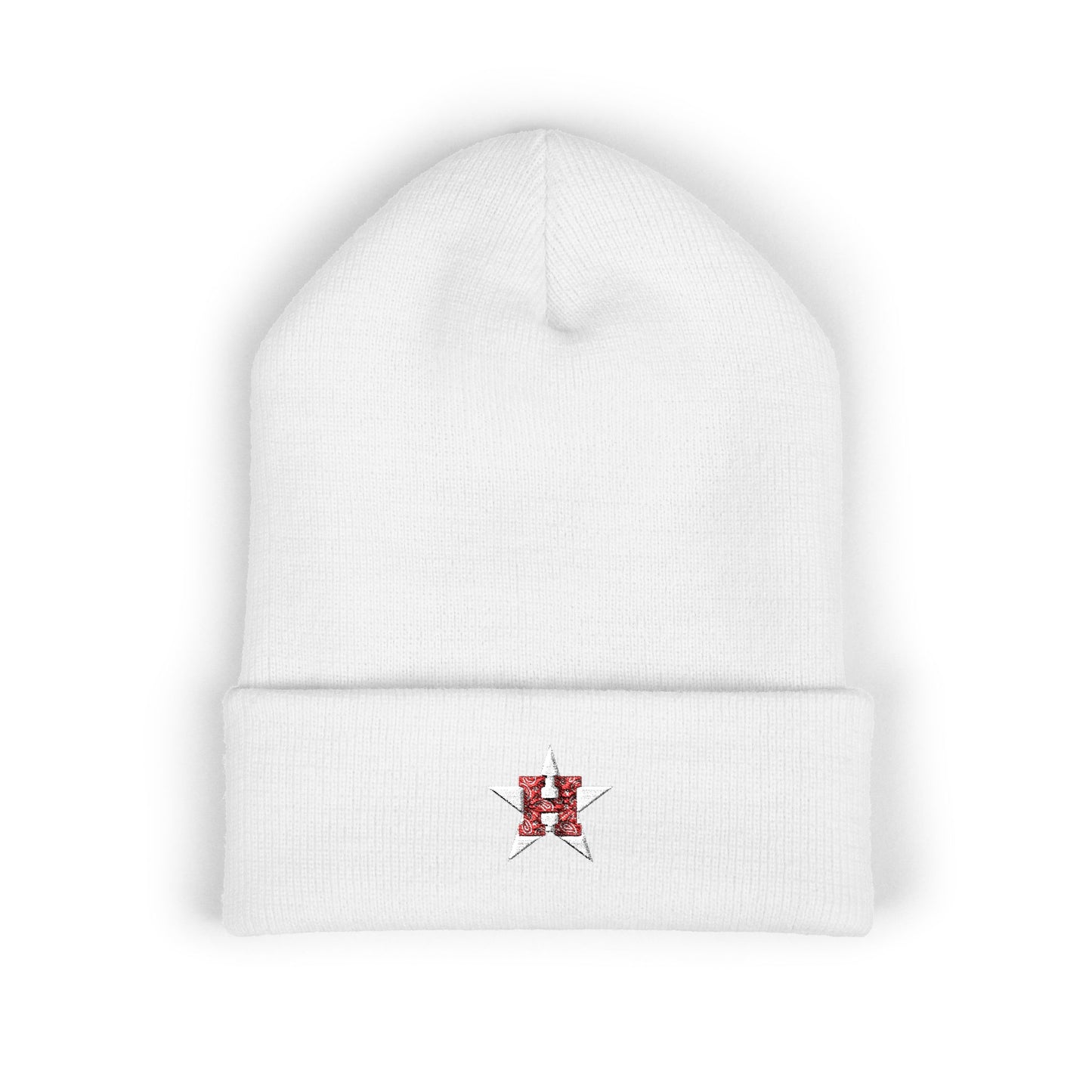 Embroidered Star Bandana Initial Beanie — Classic Cuffed Knit Hat with Red 'H' Accent