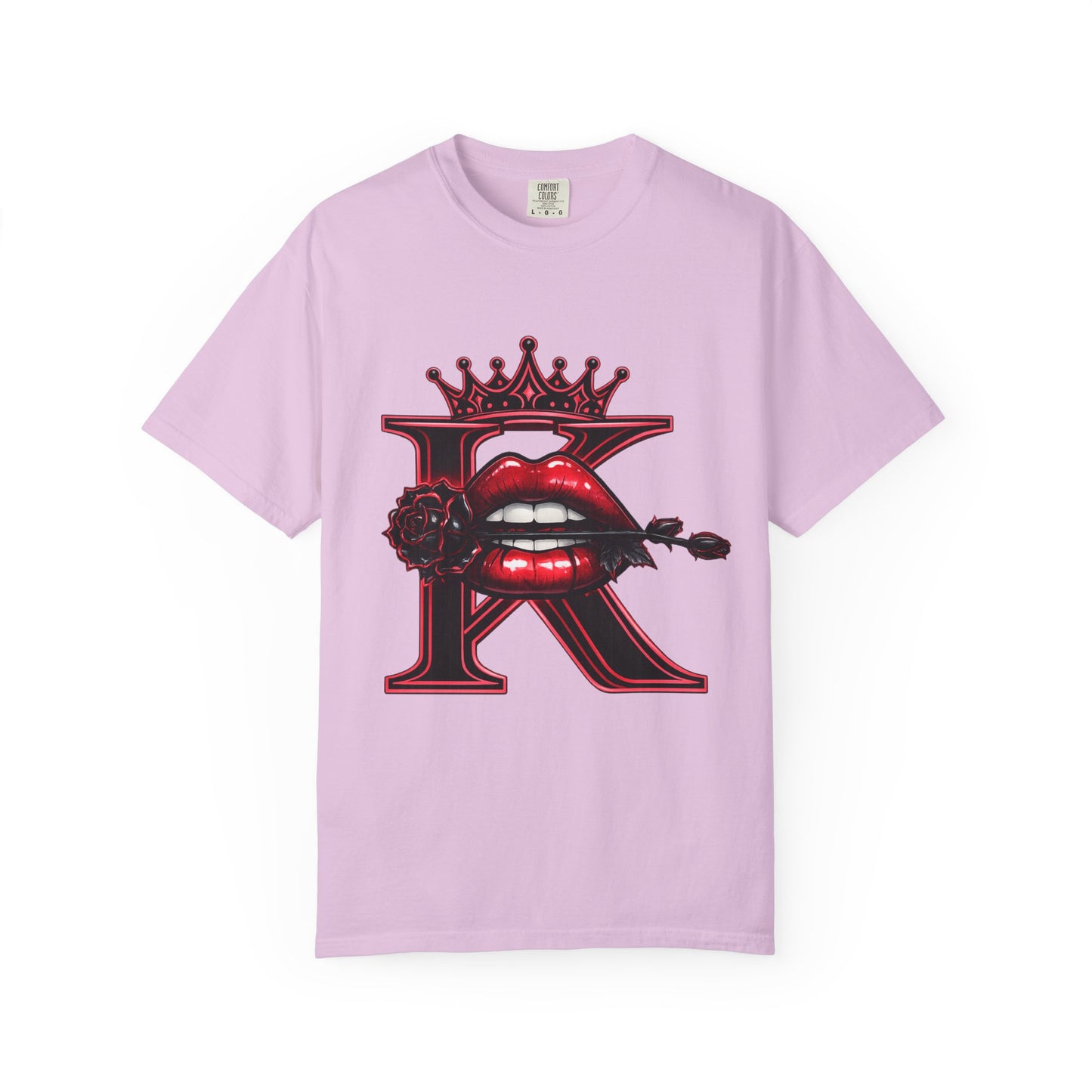KHUSHI Black Rose Graphic T-Shirt — Red Crown & Lip Logo